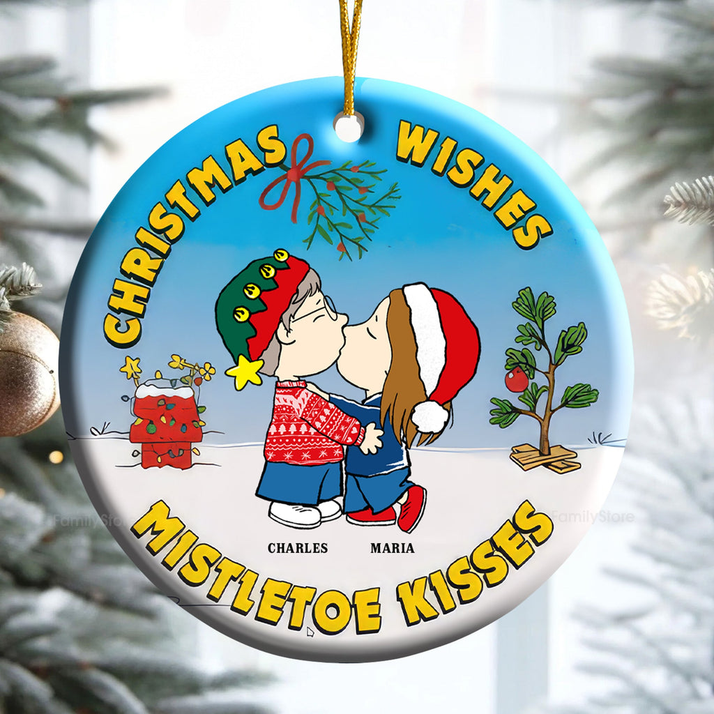 Personalized Ceramic Christmas Ornament Mistletoe Kisses Gift for Couple