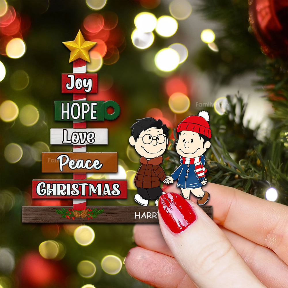 Personalized Wood Christmas Ornament for Couples - Joy Hope Love Peace Gift