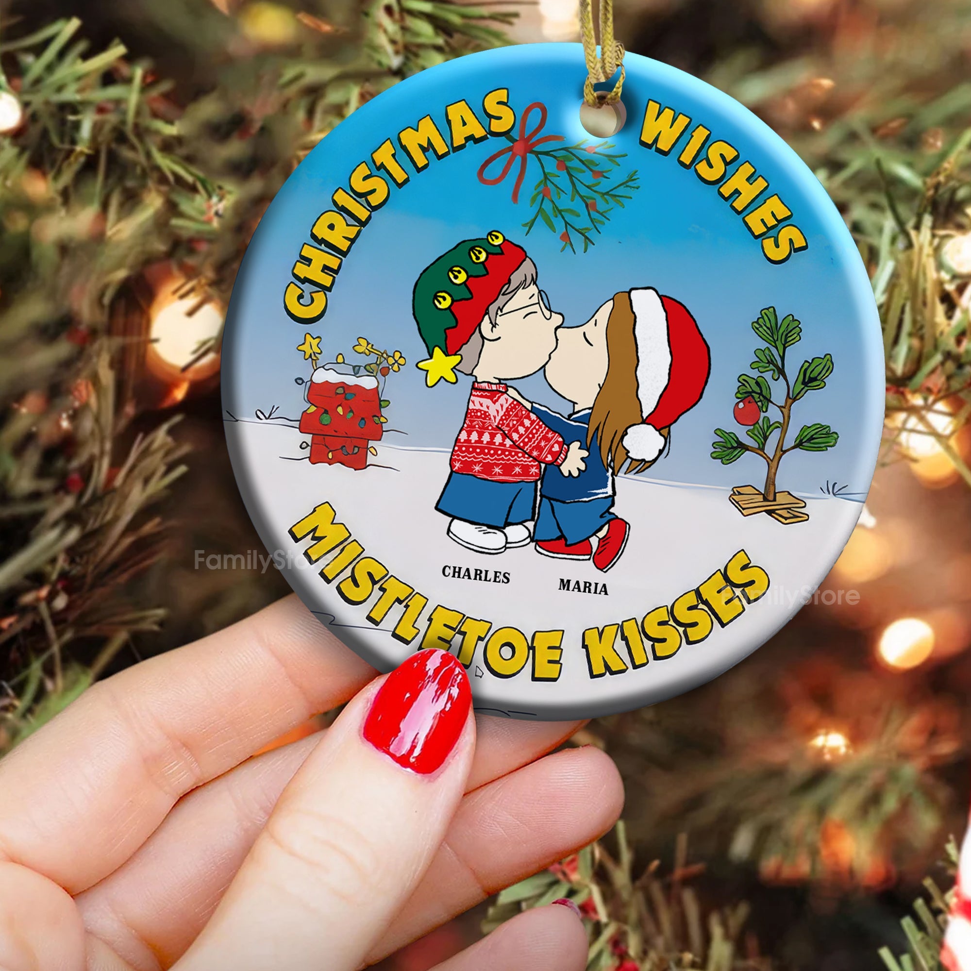 Personalized Ceramic Christmas Ornament Mistletoe Kisses Gift for Couple