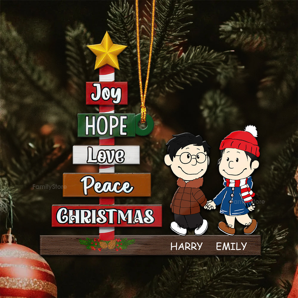 Personalized Wood Christmas Ornament for Couples - Joy Hope Love Peace Gift