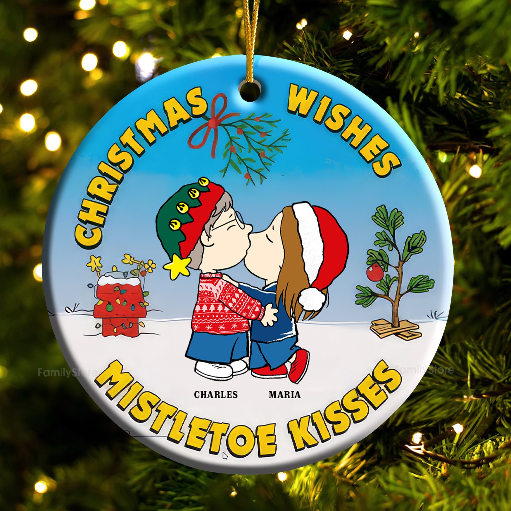 Personalized Ceramic Christmas Ornament Mistletoe Kisses Gift for Couple