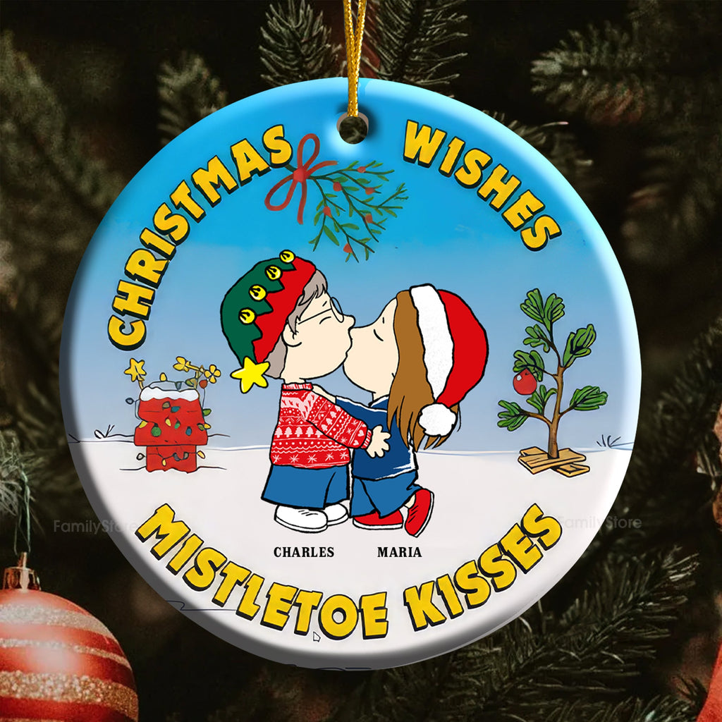 Personalized Ceramic Christmas Ornament Mistletoe Kisses Gift for Couple
