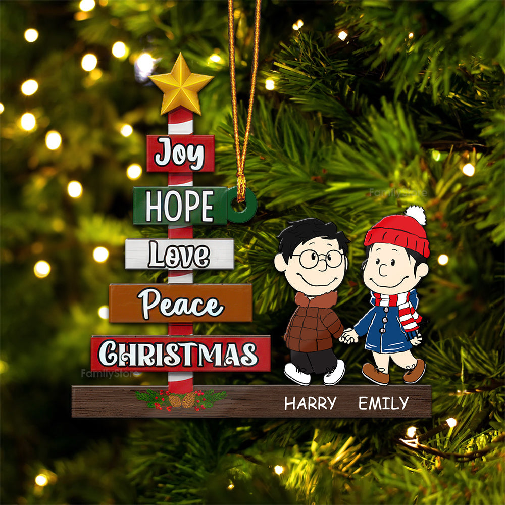 Personalized Wood Christmas Ornament for Couples - Joy Hope Love Peace Gift