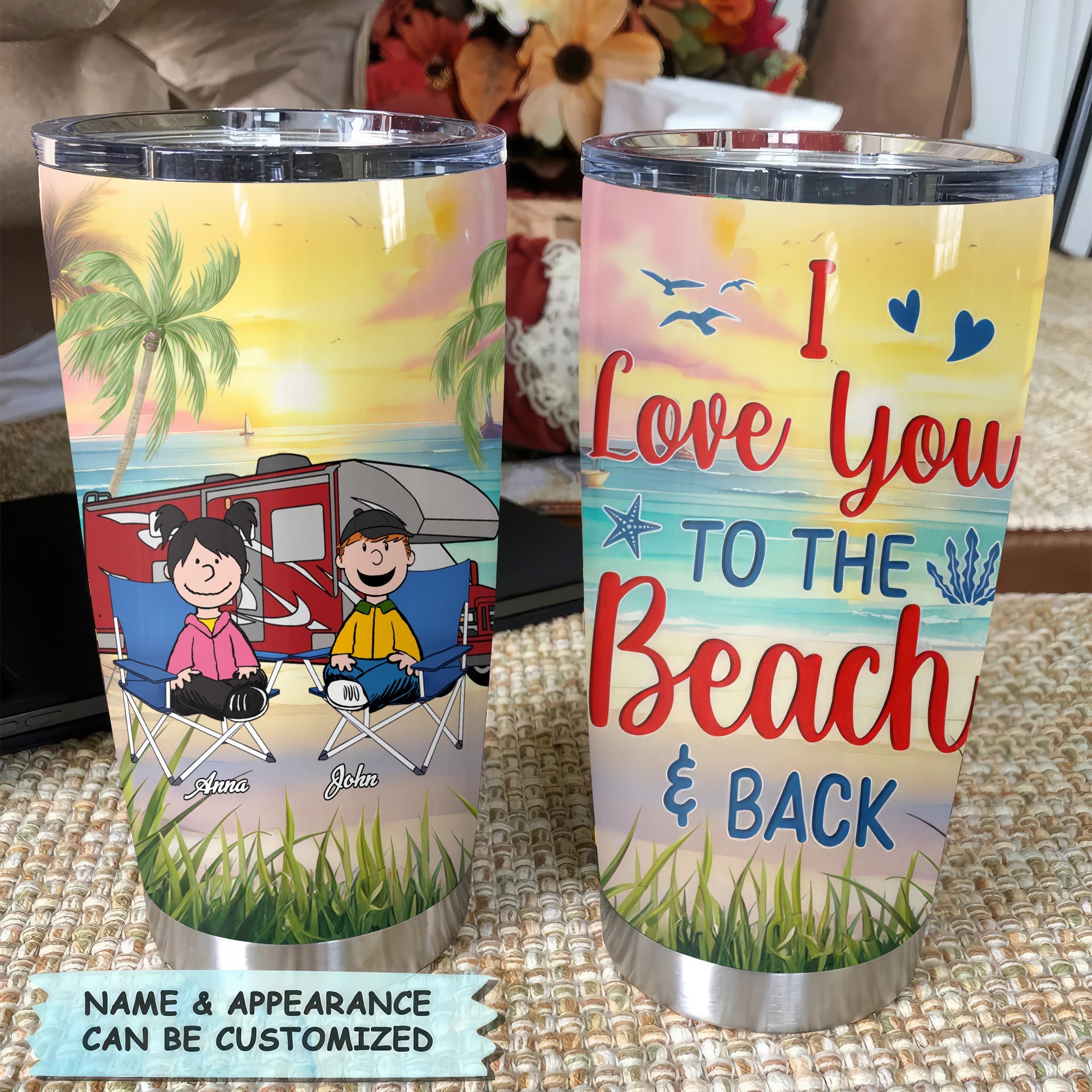 Personalized Camping Tumbler Beach Design Gift for Couple