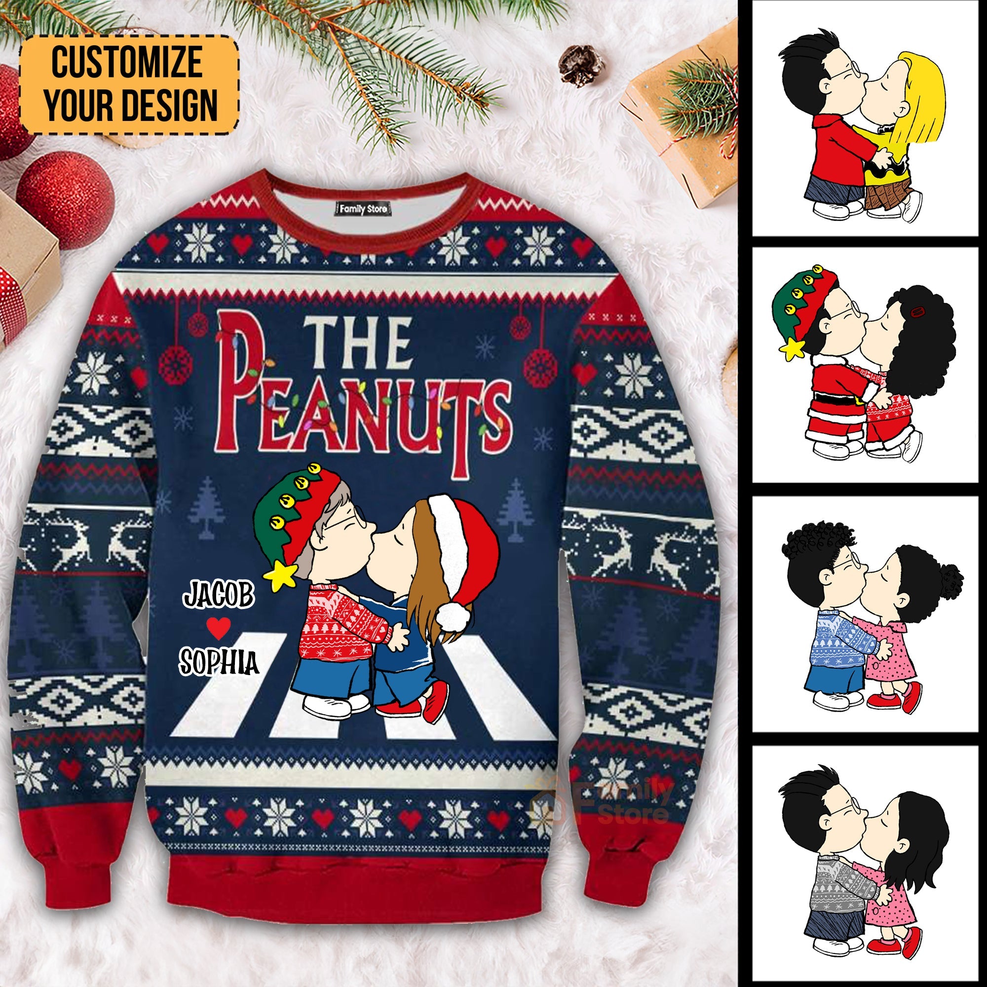 Personalized Peanuts Couple Ugly Sweater Custom Names Gift for Anniversary