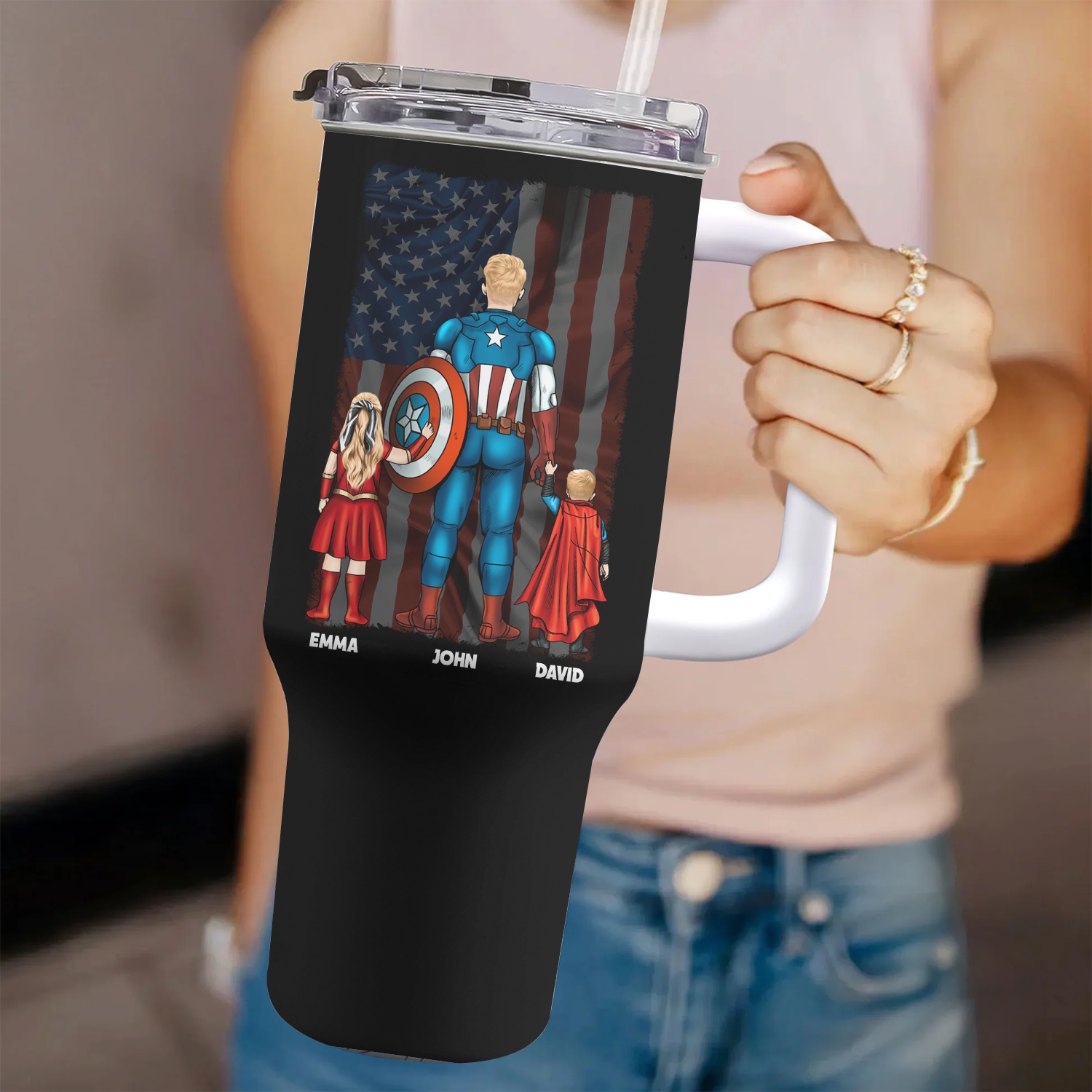 Personalized 40oz Tumbler Cup Gift for Dad with Straw - Superhero Theme