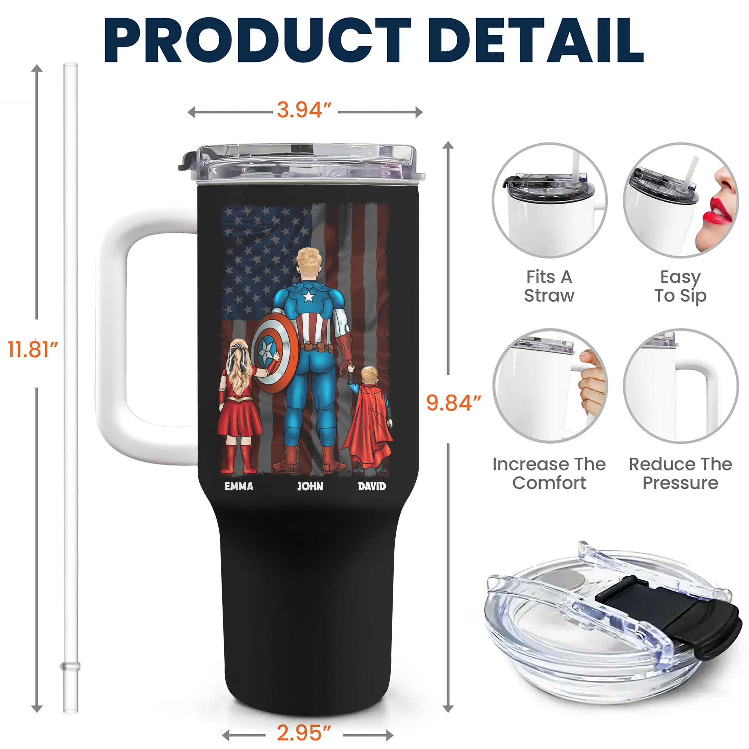 Personalized 40oz Tumbler Cup Gift for Dad with Straw - Superhero Theme