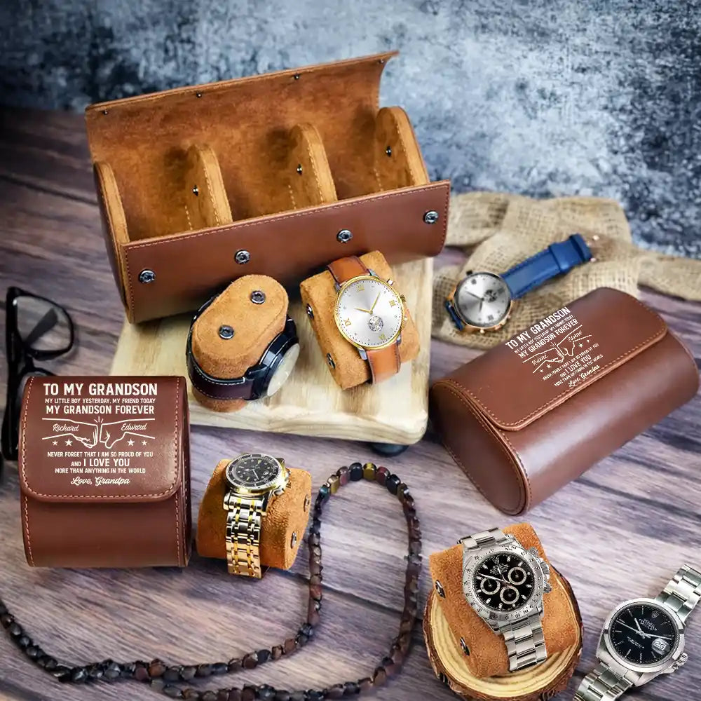 Personalized Leather Watch Case Fist Bump Gift for Son