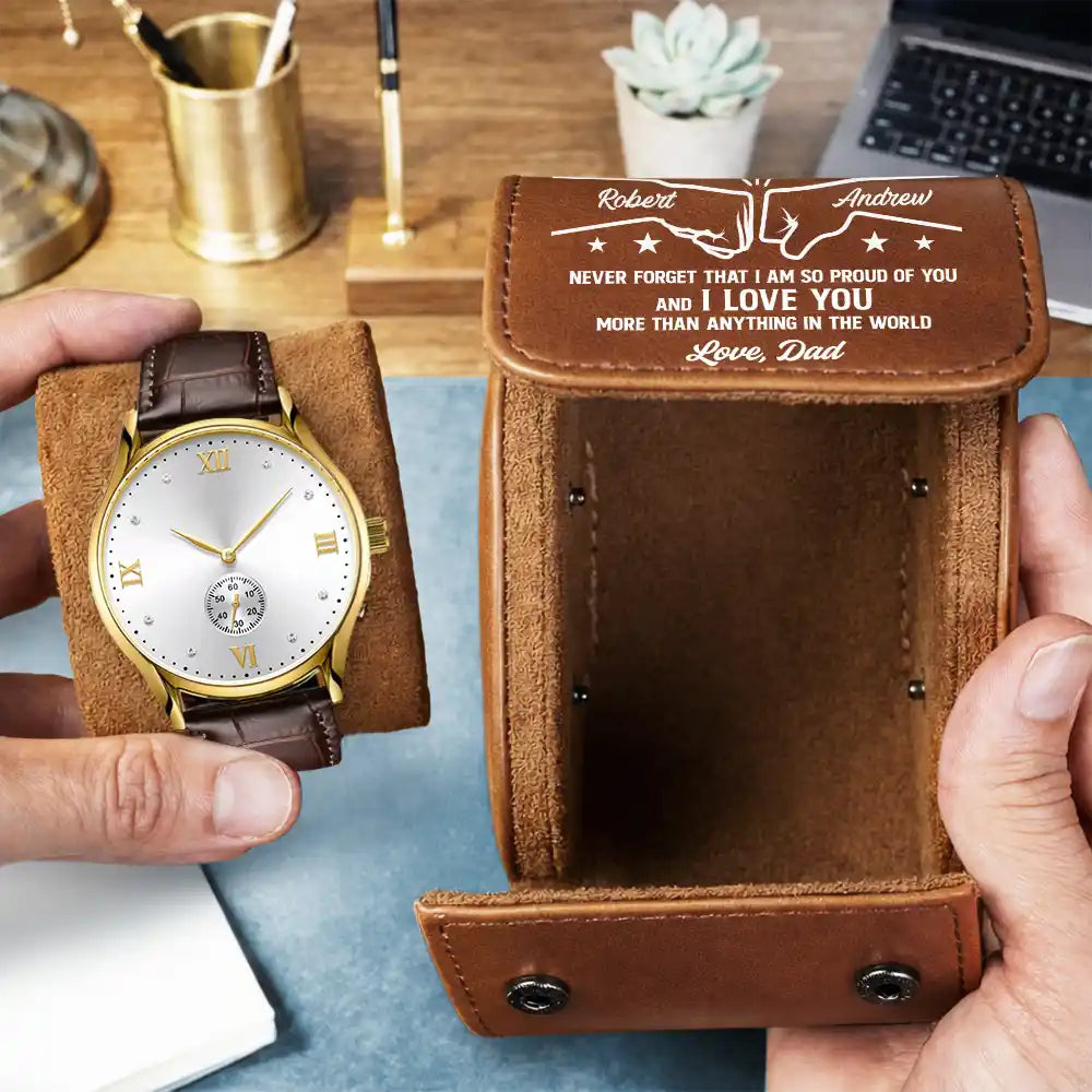 Personalized Leather Watch Case Fist Bump Gift for Son