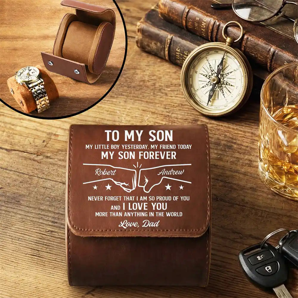 Personalized Leather Watch Case Fist Bump Gift for Son
