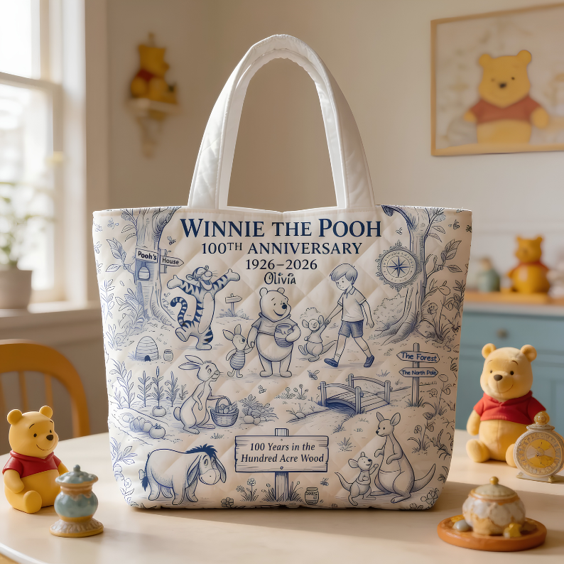 Personalized Winnie the Pooh 100th Anniversary Quilted Tote Bag Gift for Fans