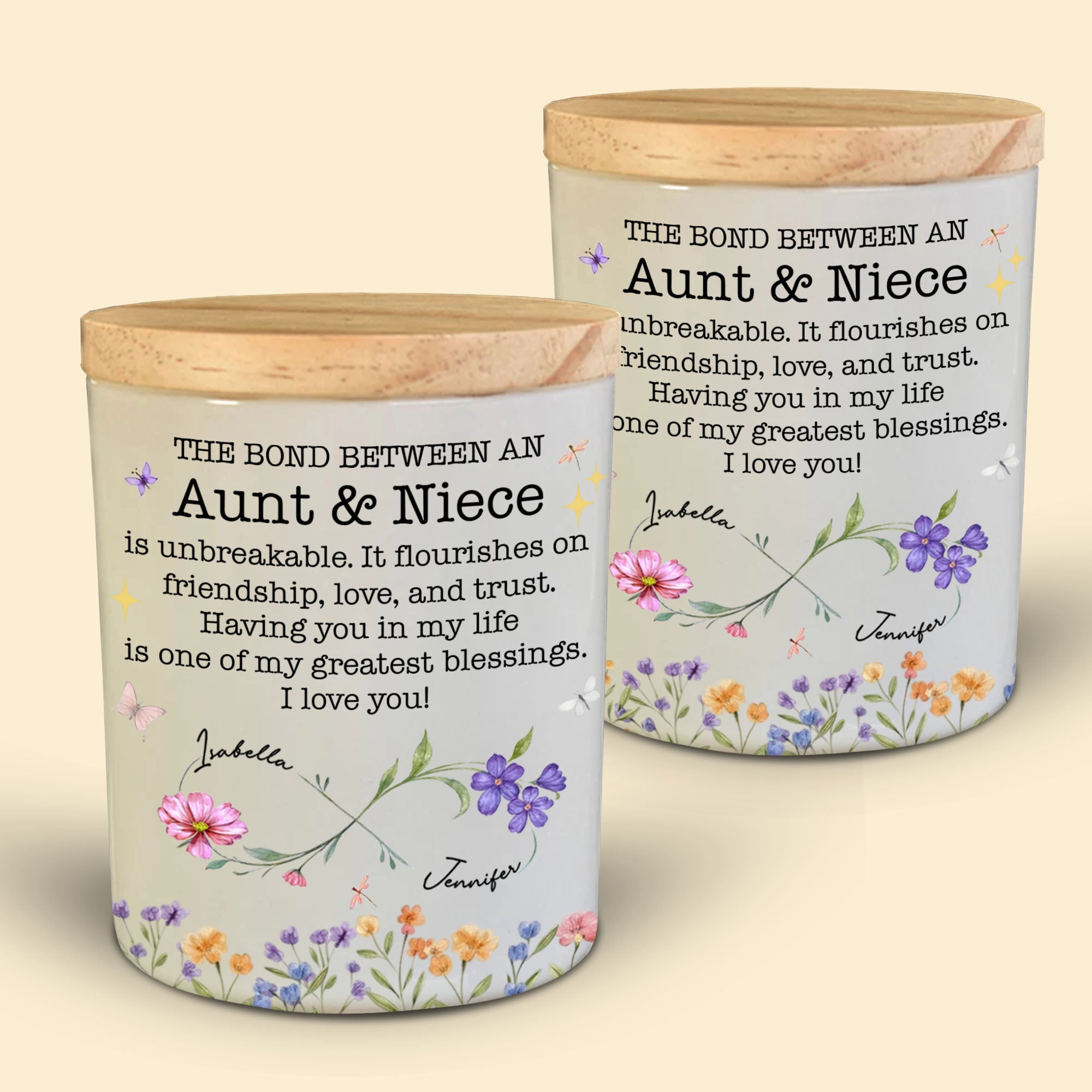 Personalized Glass LED Jar Custom Name Niece Gift Floral Design