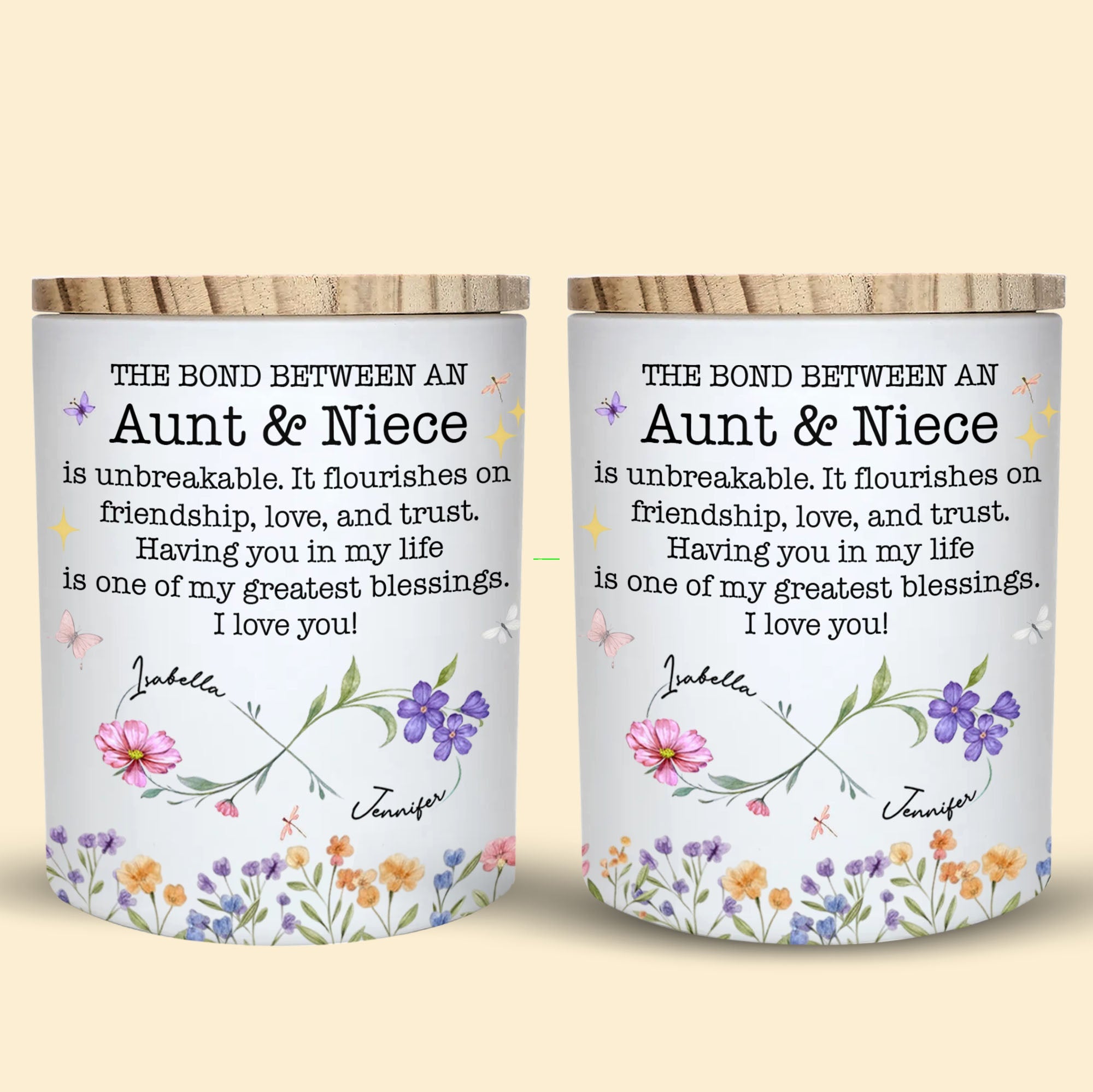 Personalized Glass LED Jar Custom Name Niece Gift Floral Design