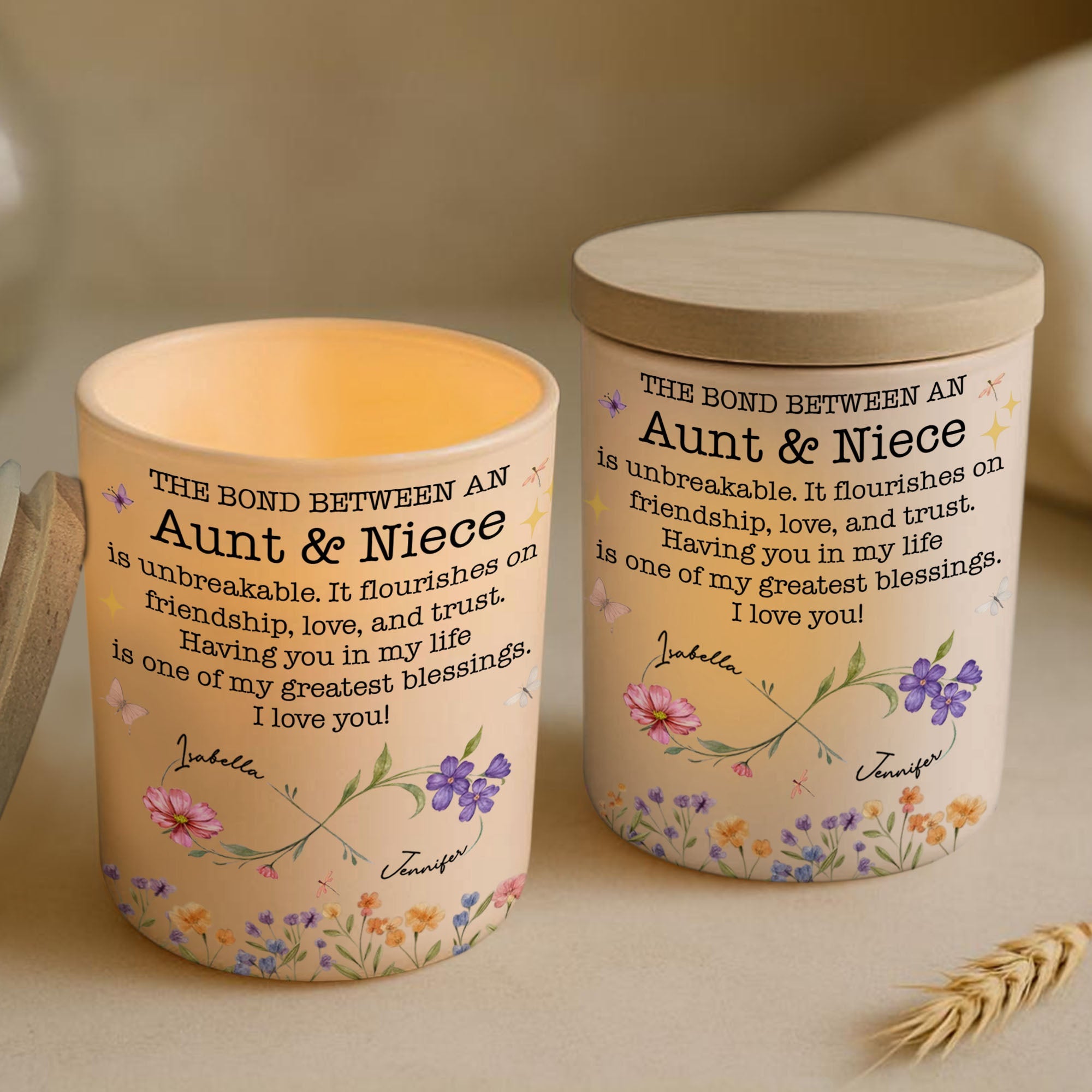 Personalized Glass LED Jar Custom Name Niece Gift Floral Design