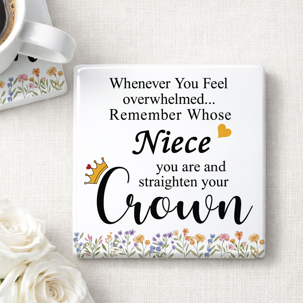 Personalized Ceramic Coaster Custom Niece Gift Crown Flowers