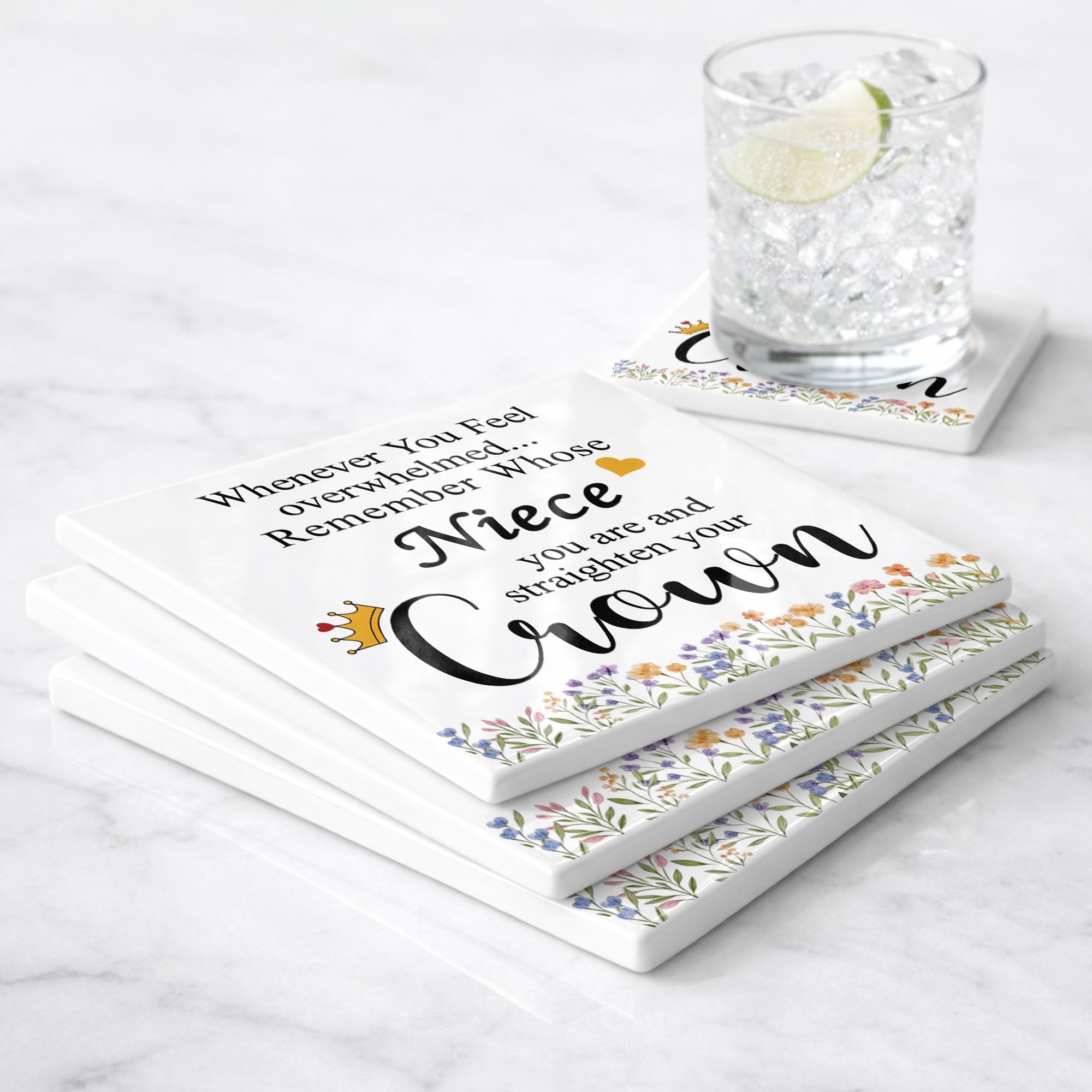 Personalized Ceramic Coaster Custom Niece Gift Crown Flowers