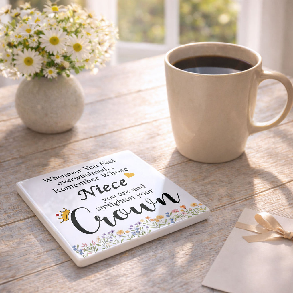 Personalized Ceramic Coaster Custom Niece Gift Crown Flowers