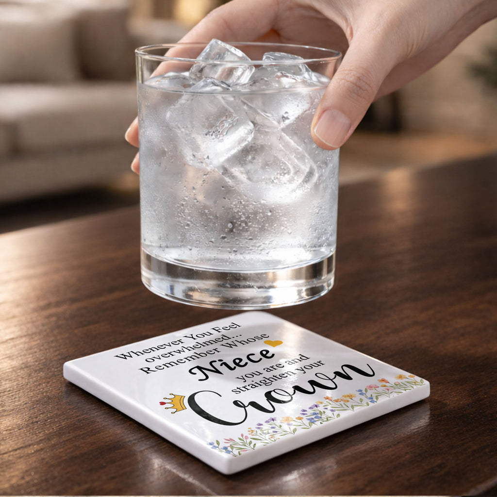 Personalized Ceramic Coaster Custom Niece Gift Crown Flowers