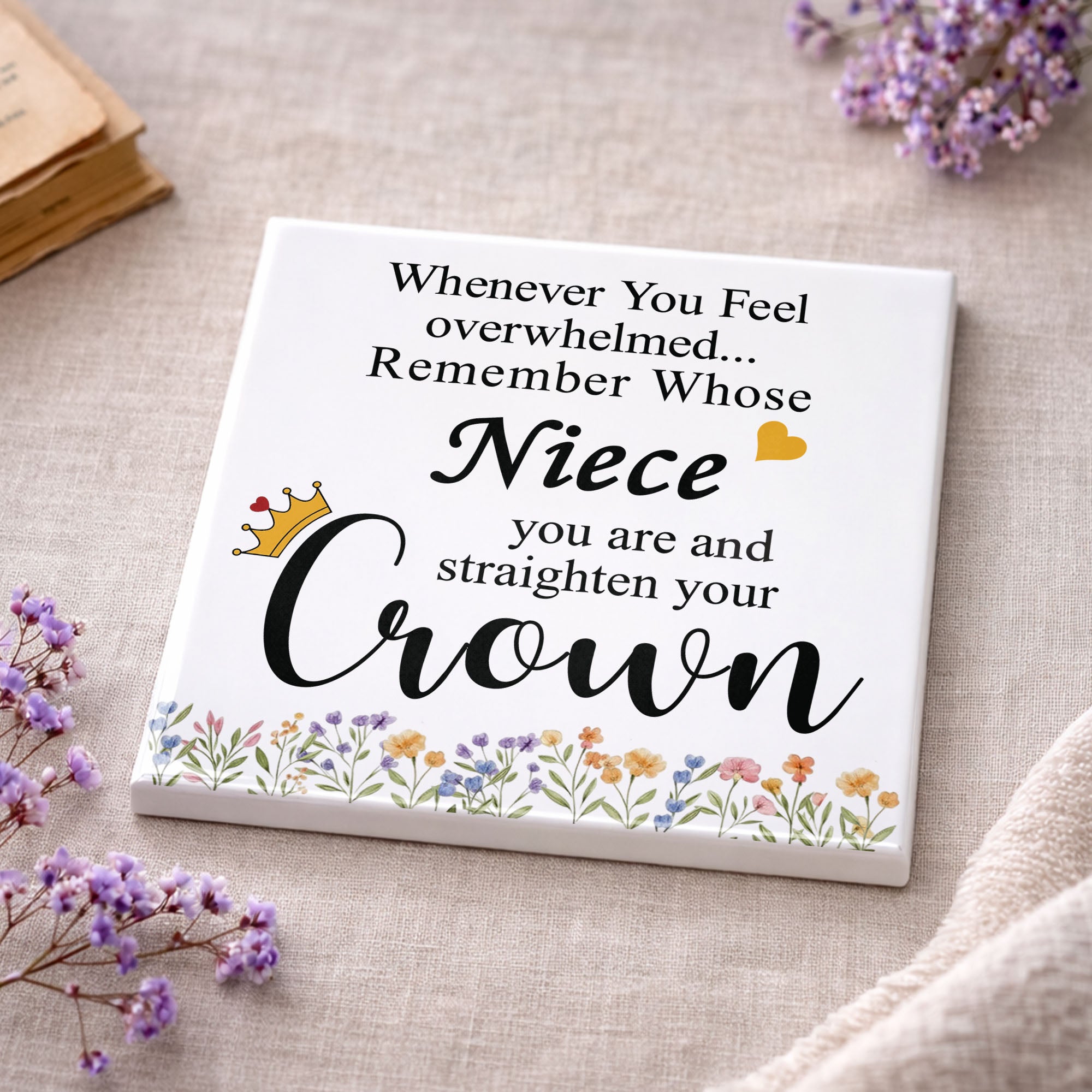 Personalized Ceramic Coaster Custom Niece Gift Crown Flowers