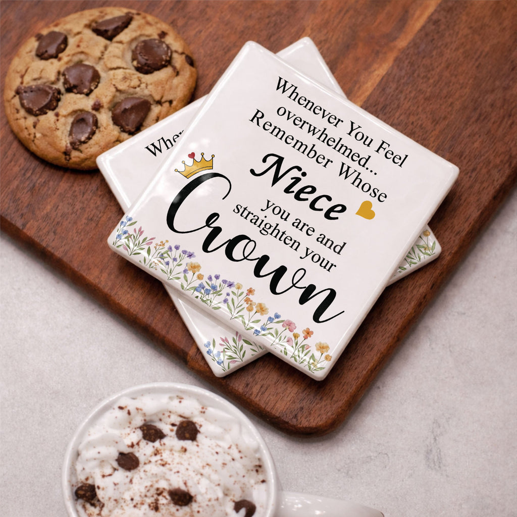 Personalized Ceramic Coaster Custom Niece Gift Crown Flowers