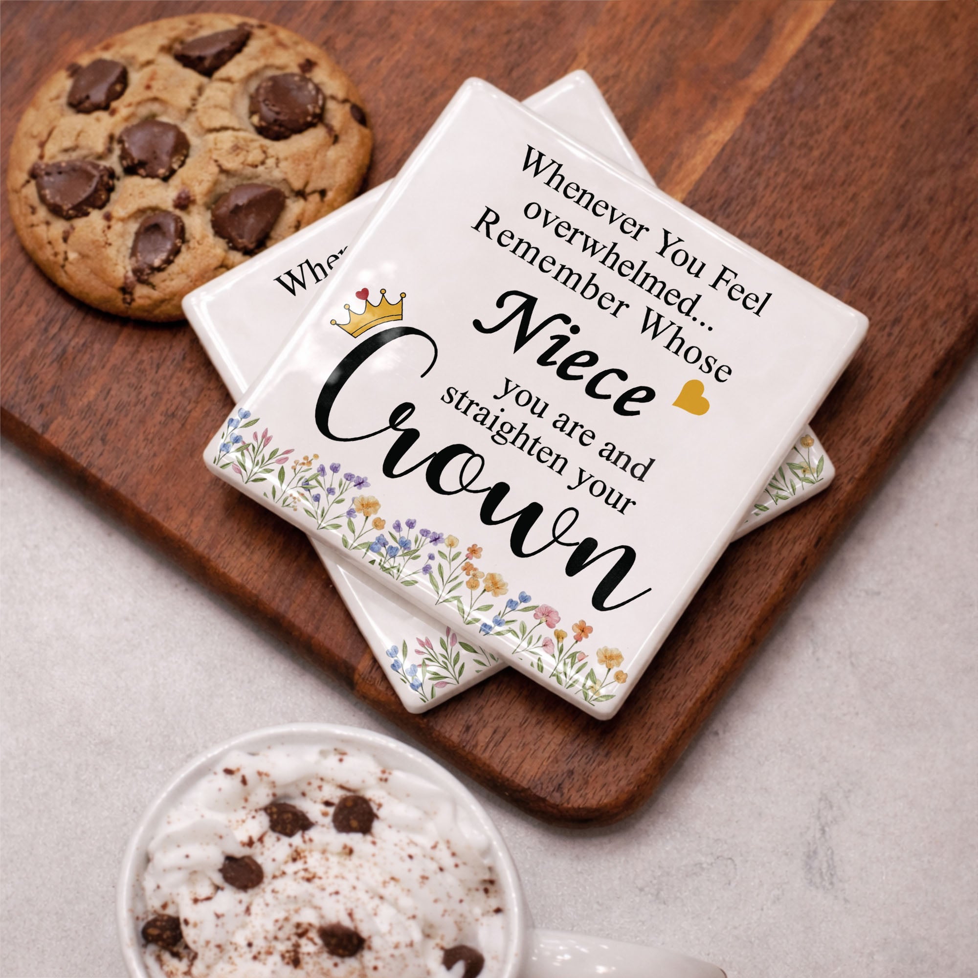 Personalized Ceramic Coaster Custom Niece Gift Crown Flowers