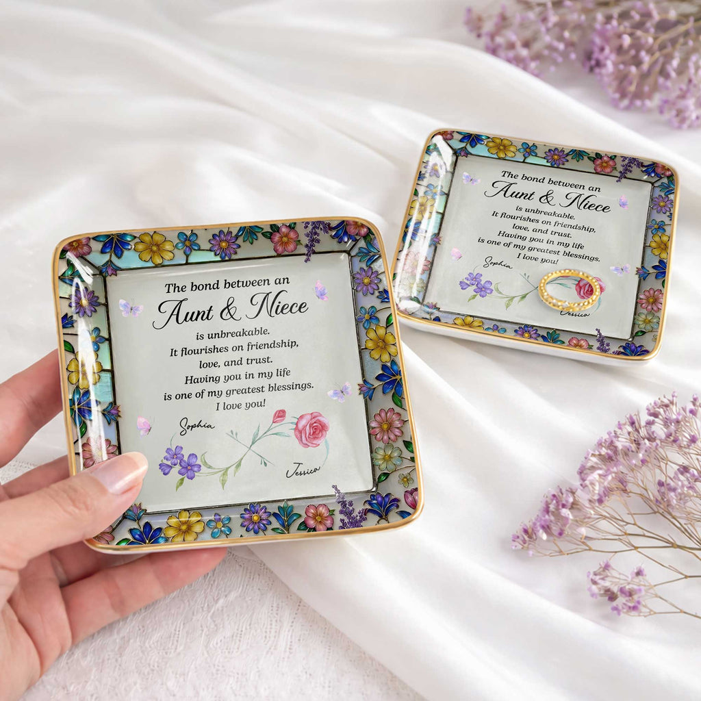 Personalized Ceramic Jewelry Dish with Birth Month Flowers for Niece Jewelry Dish GradoCreations