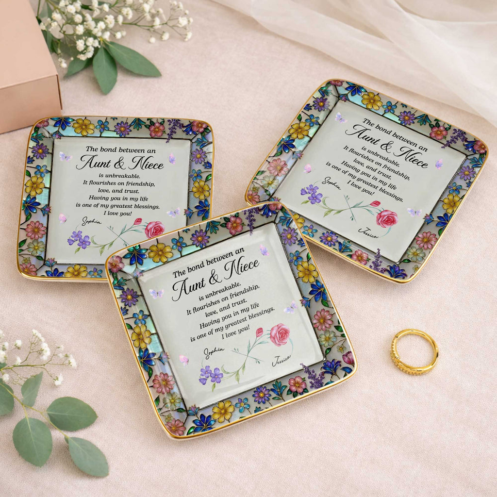 Personalized Ceramic Jewelry Dish with Birth Month Flowers for Niece Jewelry Dish GradoCreations