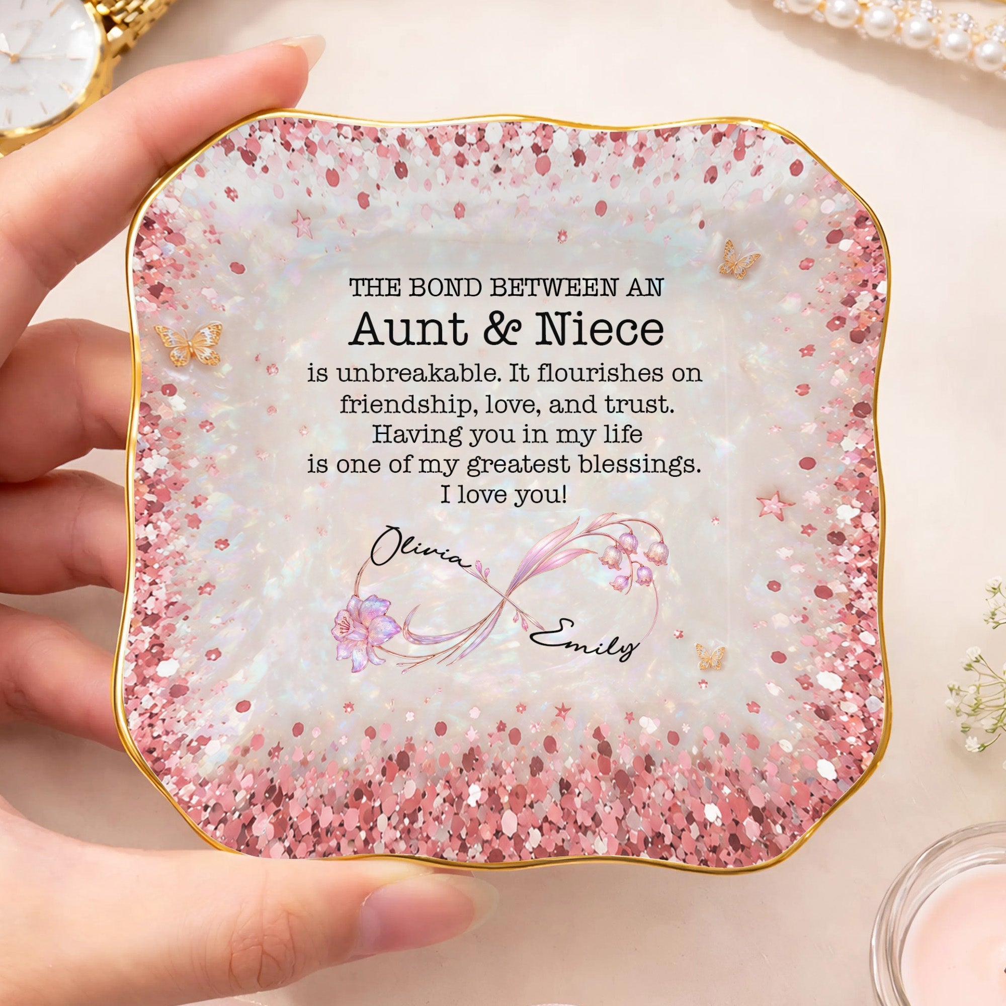 Personalized Lace Jewelry Dish Custom Name Gift for Niece Lace Square Jewelry Dish GradoCreations