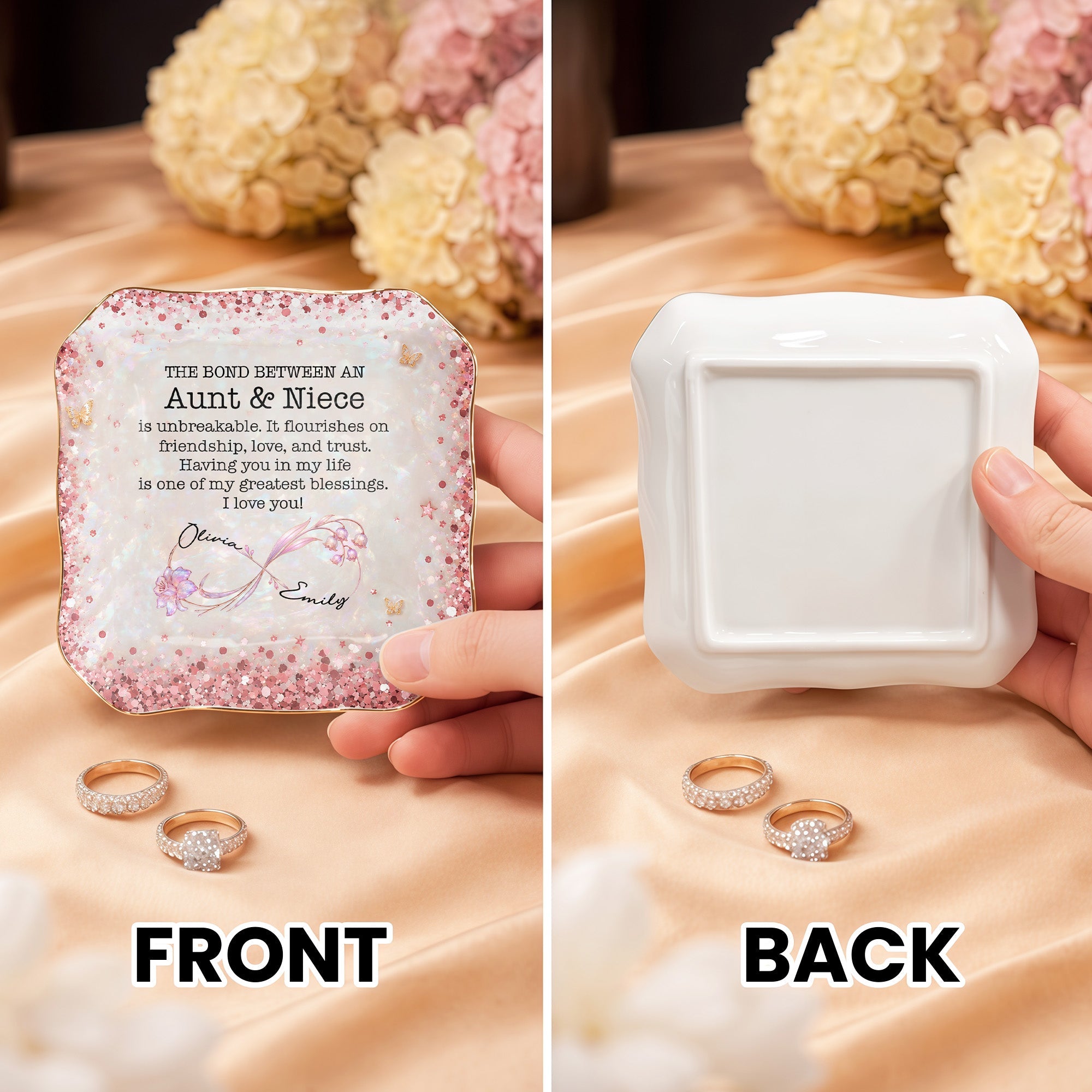 Personalized Lace Jewelry Dish Custom Name Gift for Niece Lace Square Jewelry Dish GradoCreations