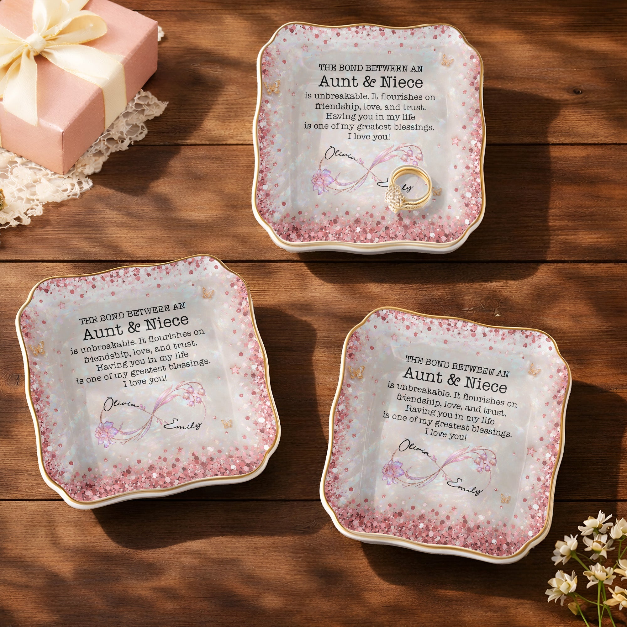 Personalized Lace Jewelry Dish Custom Name Gift for Niece Lace Square Jewelry Dish GradoCreations