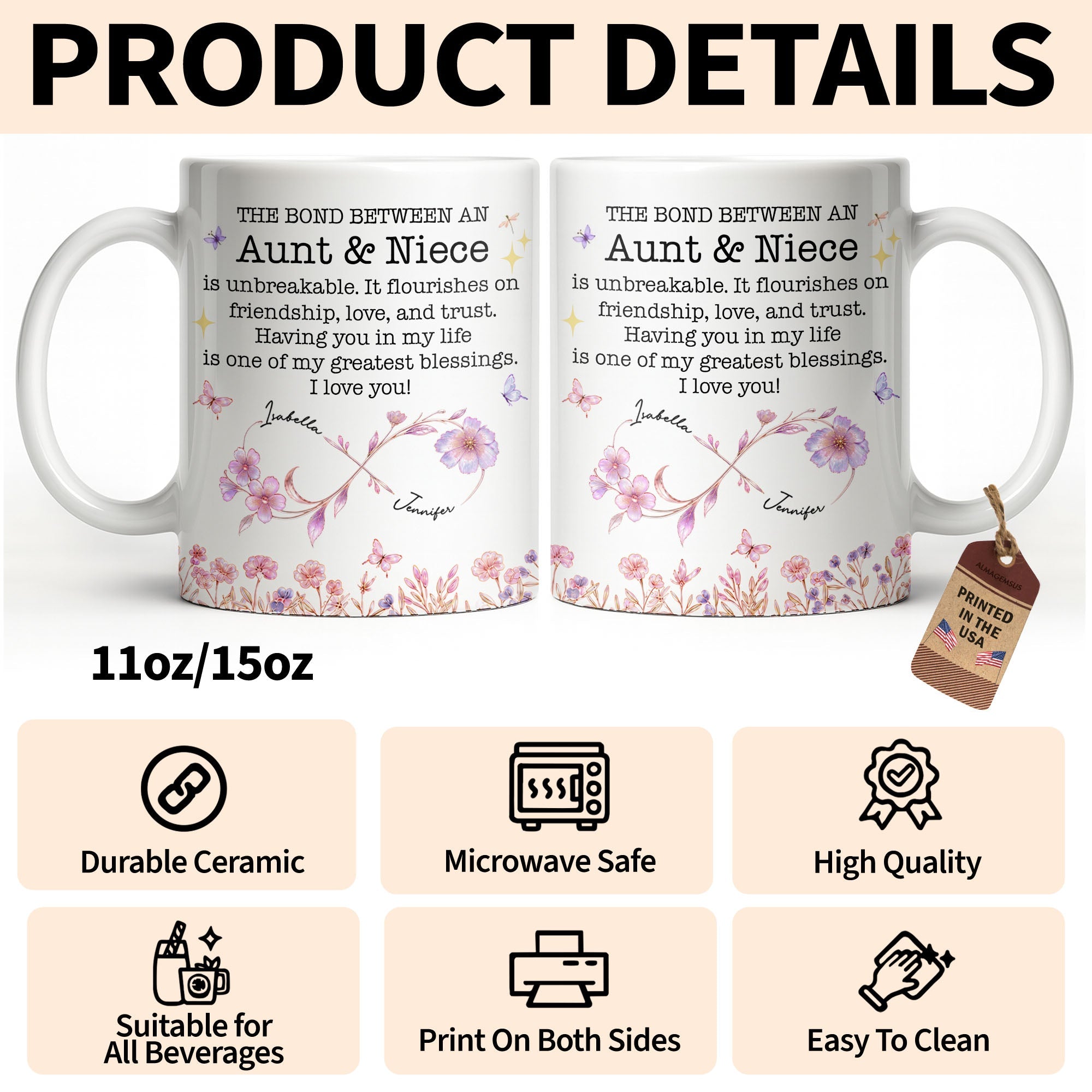 Personalized Floral Infinity Design Coffee Mug Gift for Niece Edge-to-edge Mug GradoCreations
