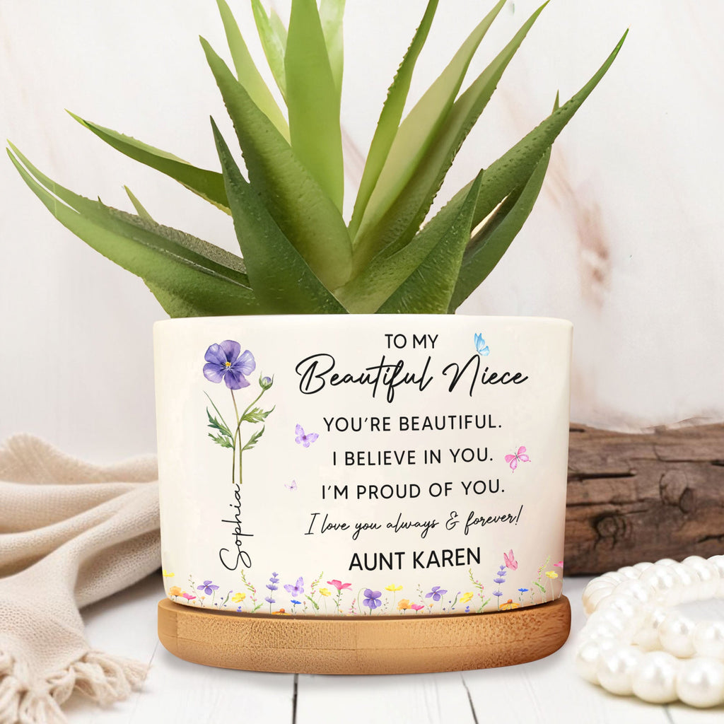 Personalized Ceramic Plant Pot Custom Birth Month Flowers for Niece Ceramic Plant Pot GradoCreations