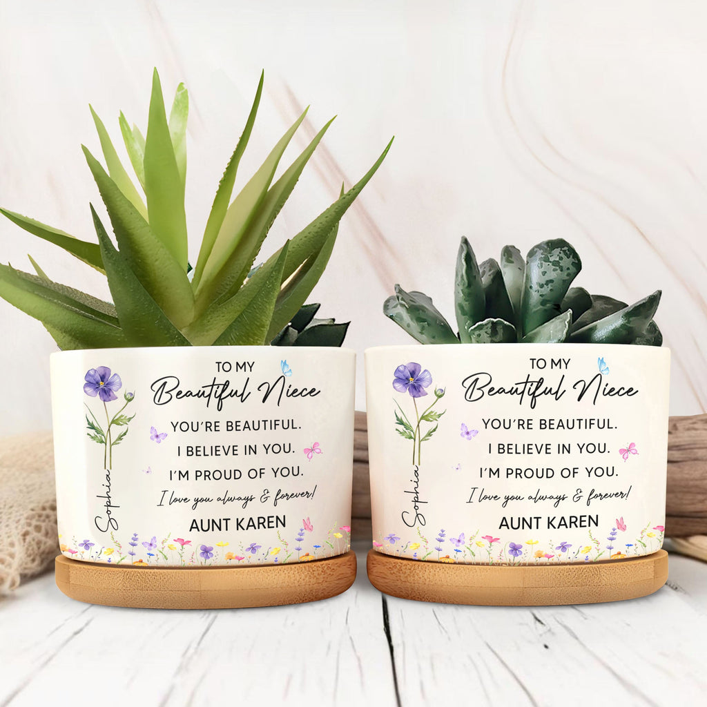 Personalized Ceramic Plant Pot Custom Birth Month Flowers for Niece Ceramic Plant Pot GradoCreations