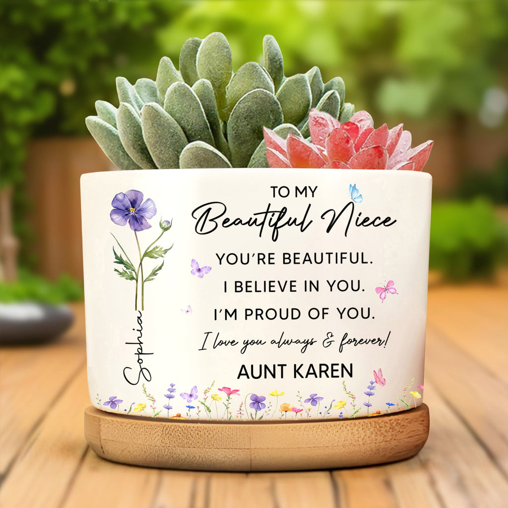 Personalized Ceramic Plant Pot Custom Birth Month Flowers for Niece Ceramic Plant Pot GradoCreations