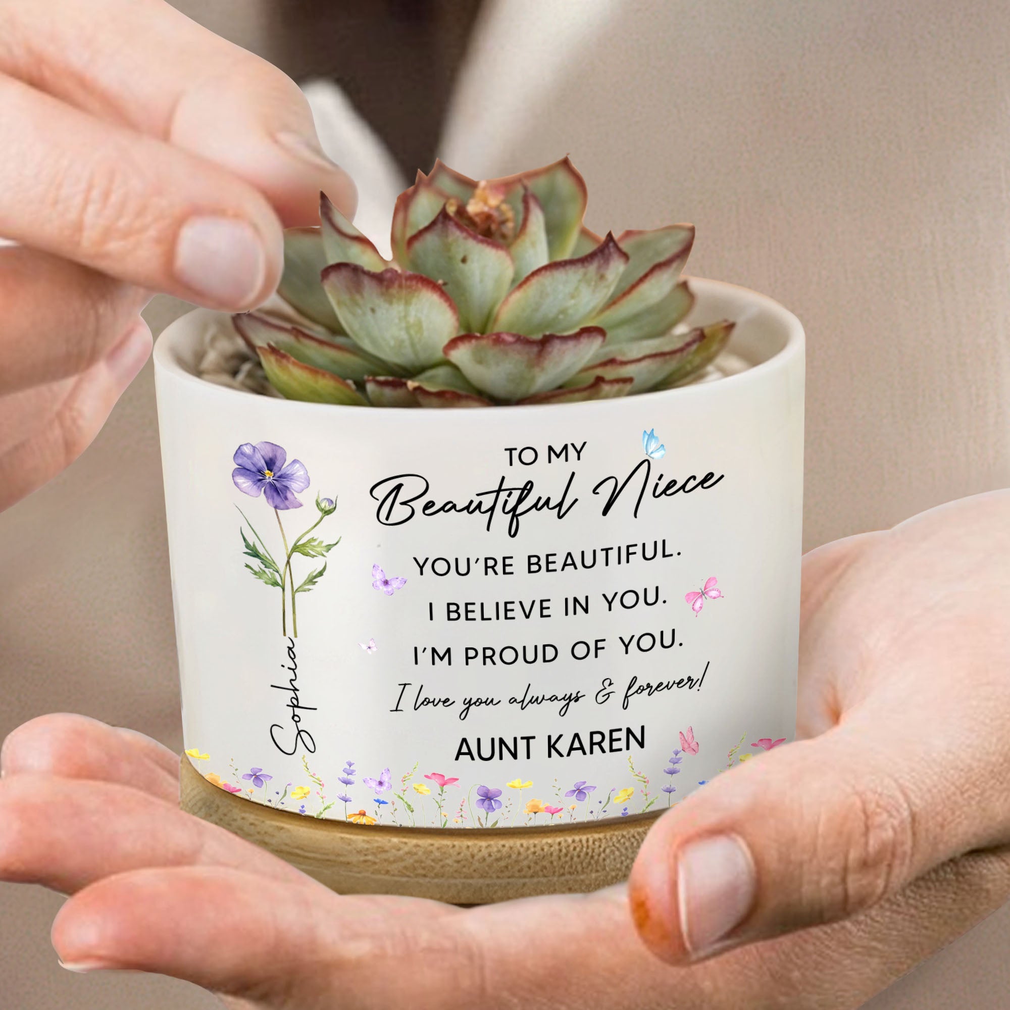 Personalized Ceramic Plant Pot Custom Birth Month Flowers for Niece Ceramic Plant Pot GradoCreations