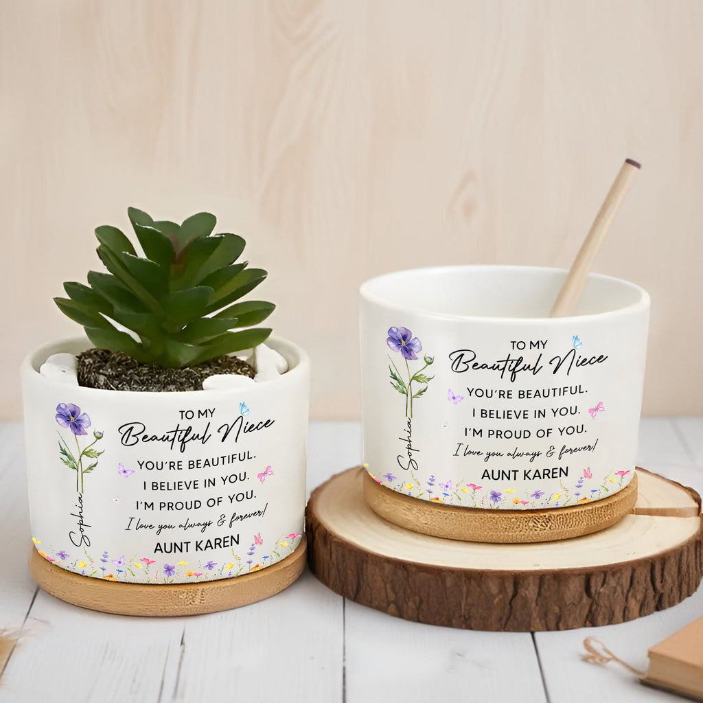 Personalized Ceramic Plant Pot Custom Birth Month Flowers for Niece Ceramic Plant Pot GradoCreations