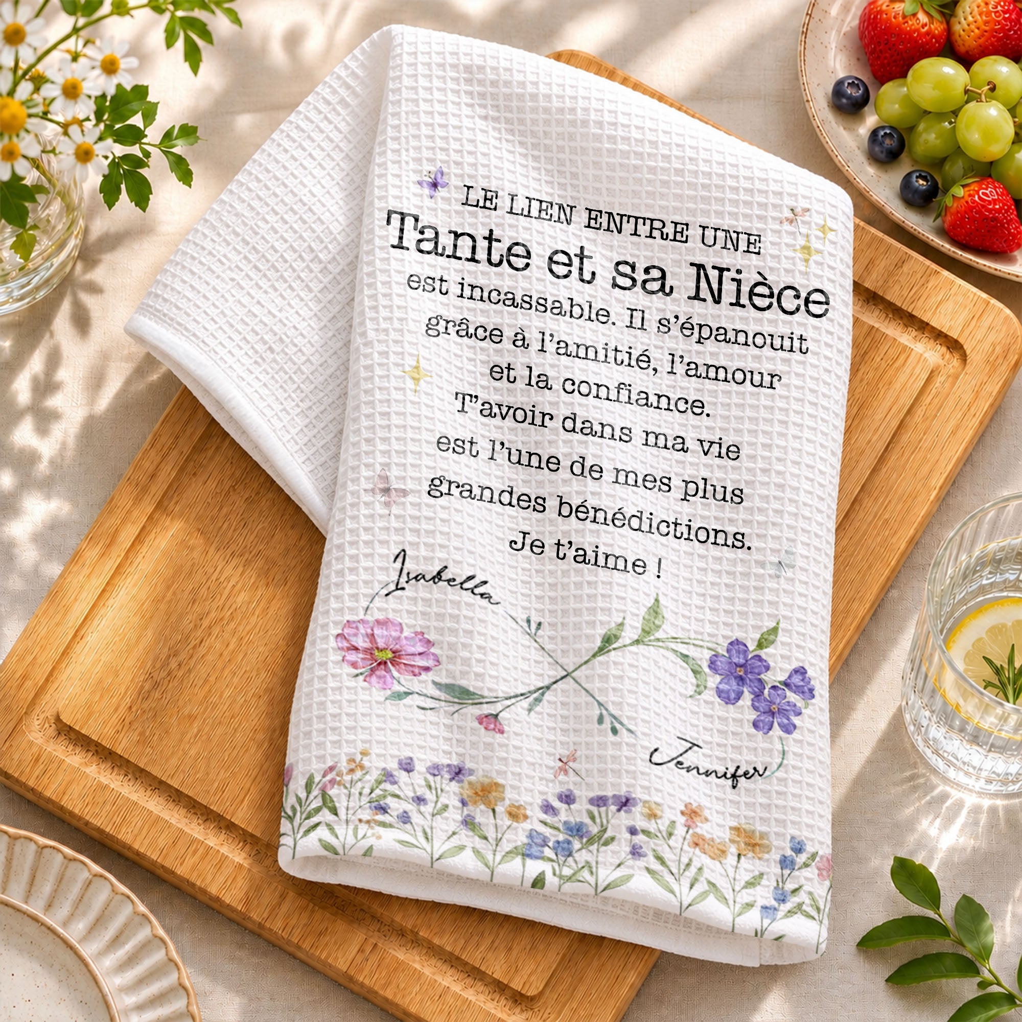 Personalized Kitchen Towel Birth Month Flowers Gift for Niece