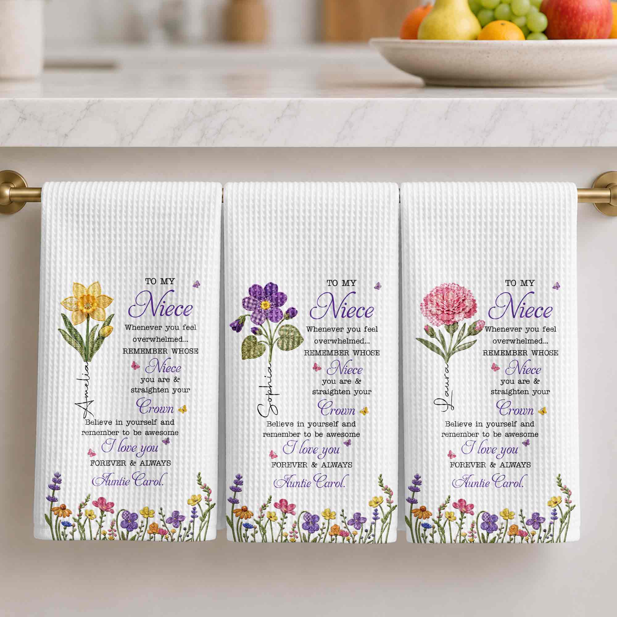 Personalized Kitchen Towel Custom Birth Flower Gift for Niece Kitchen Towel GradoCreations