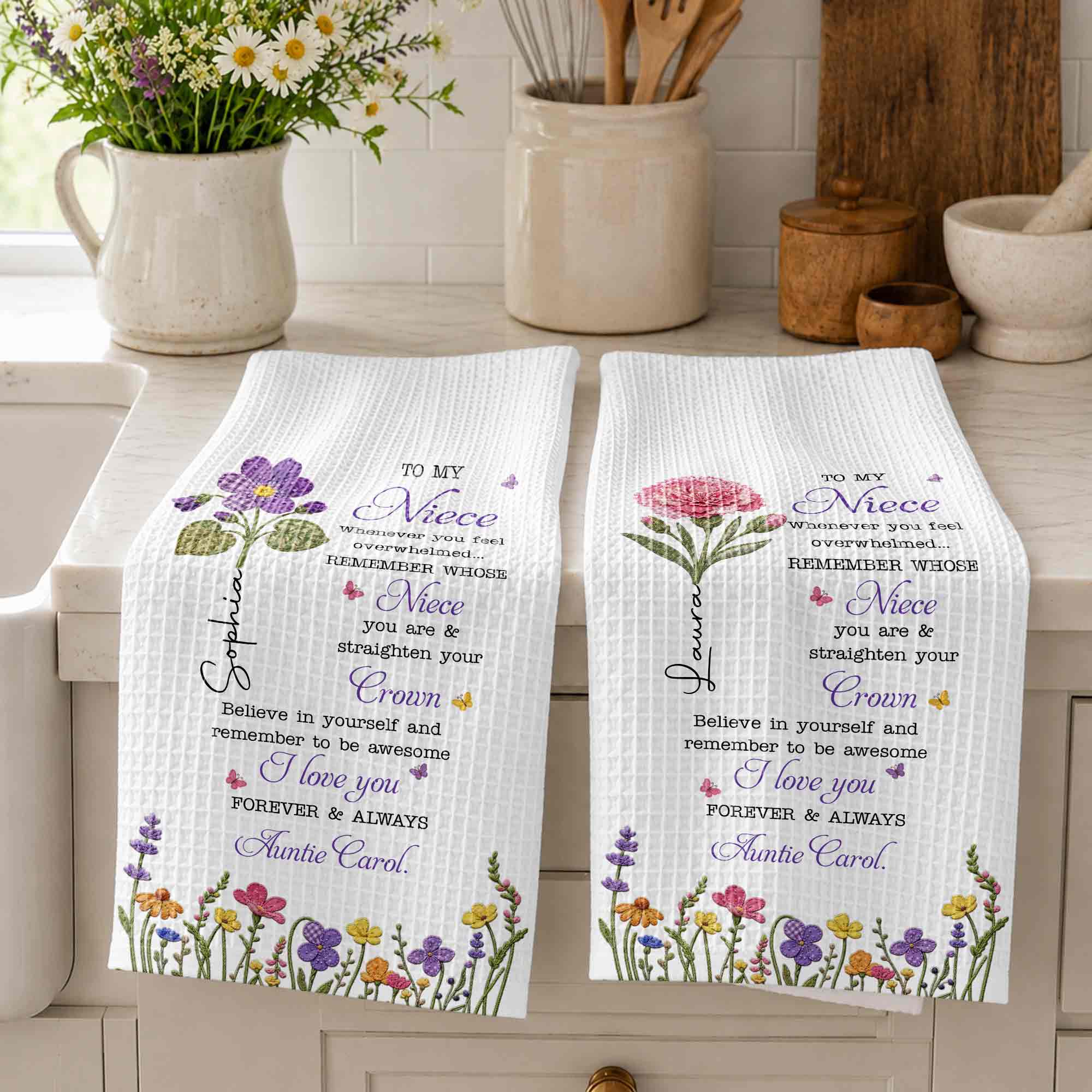 Personalized Kitchen Towel Custom Birth Flower Gift for Niece Kitchen Towel GradoCreations