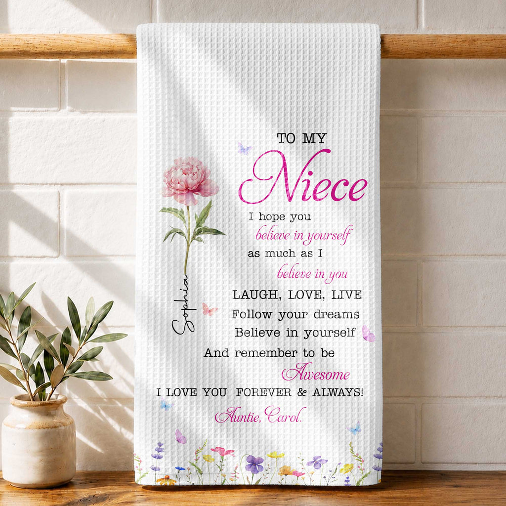 Personalized Kitchen Towel Custom Birth Flower Gift for Niece Kitchen Towel GradoCreations