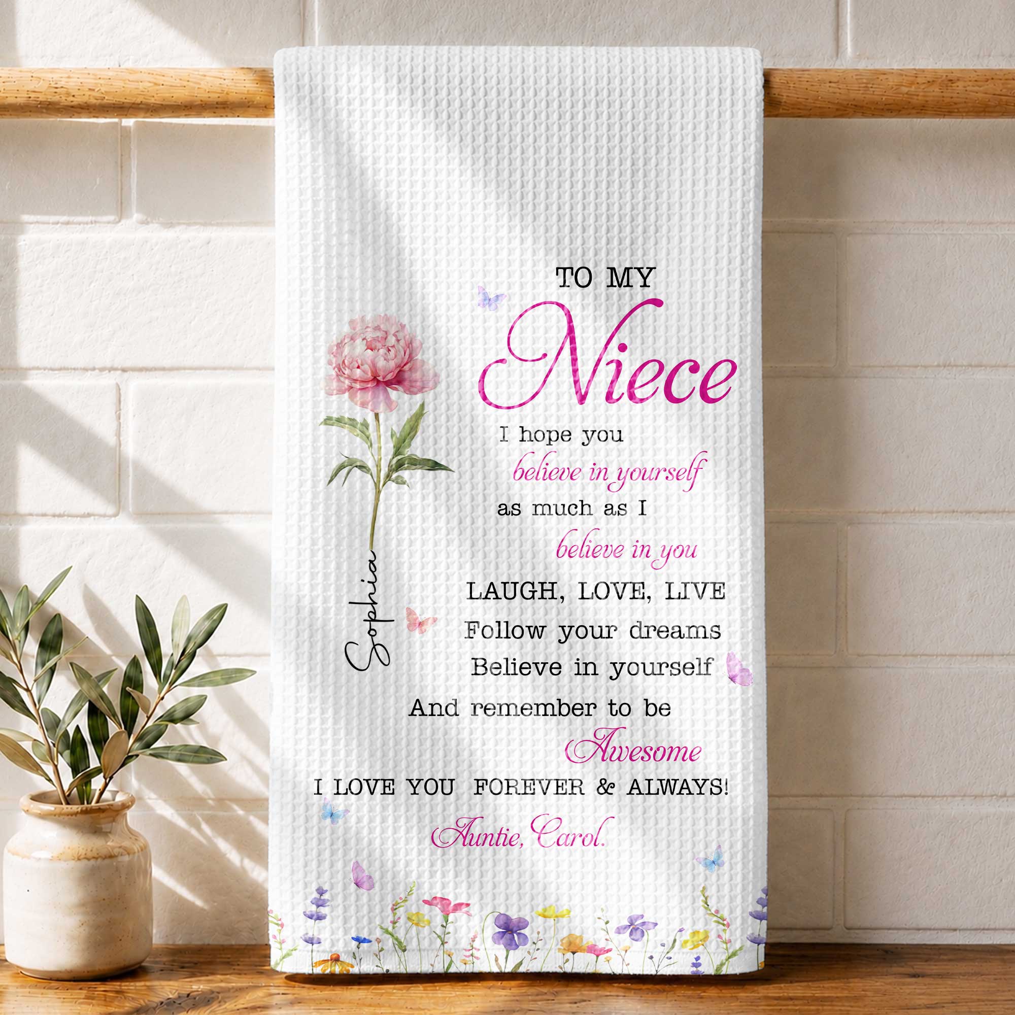 Personalized Kitchen Towel Custom Birth Flower Gift for Niece Kitchen Towel GradoCreations