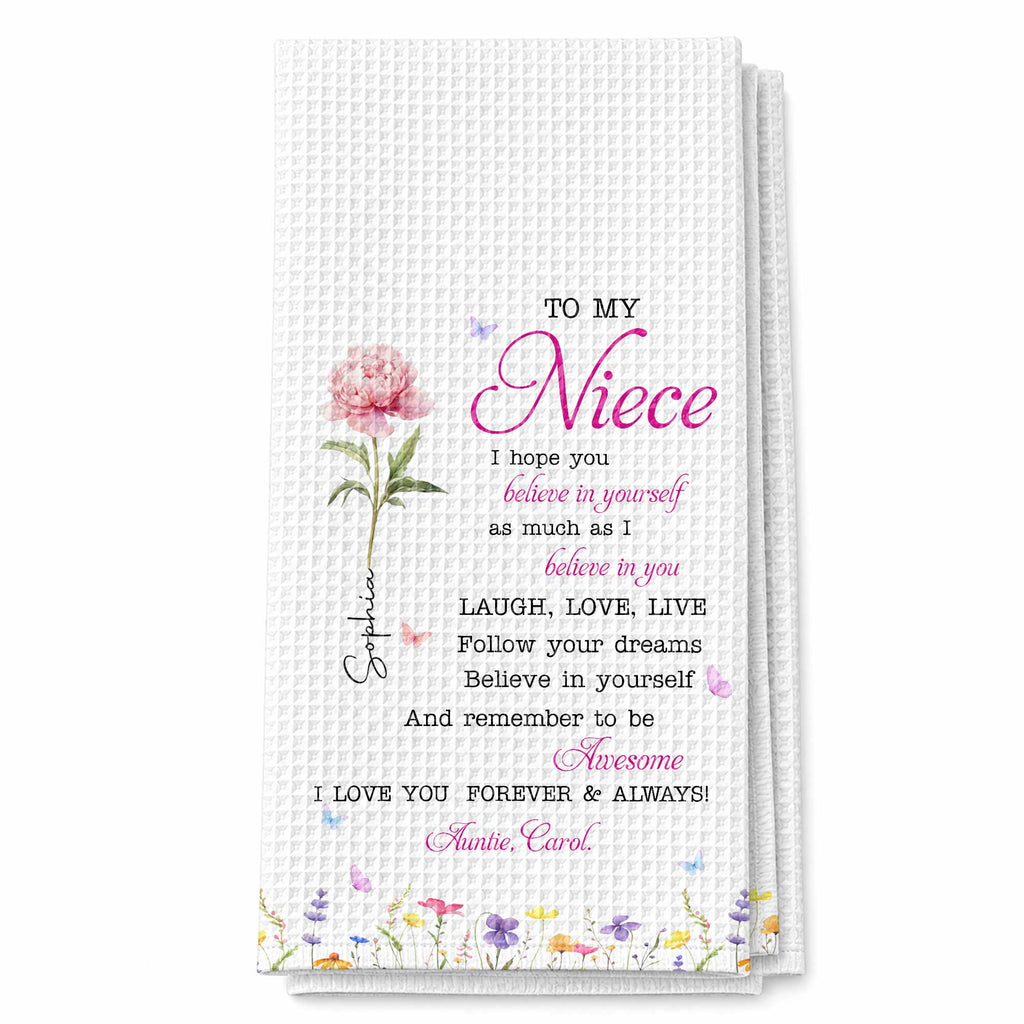Personalized Kitchen Towel Custom Birth Flower Gift for Niece Kitchen Towel GradoCreations