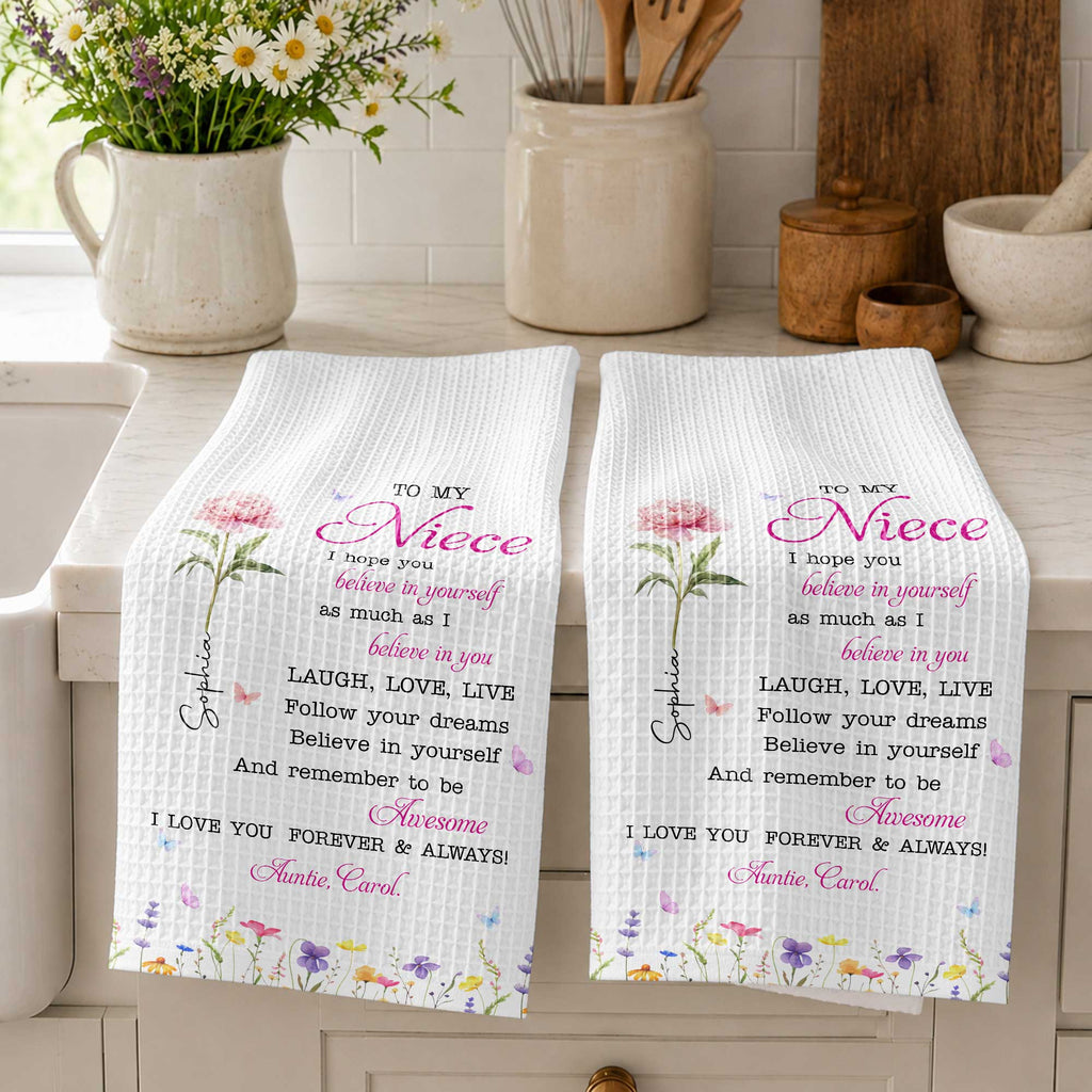 Personalized Kitchen Towel Custom Birth Flower Gift for Niece Kitchen Towel GradoCreations