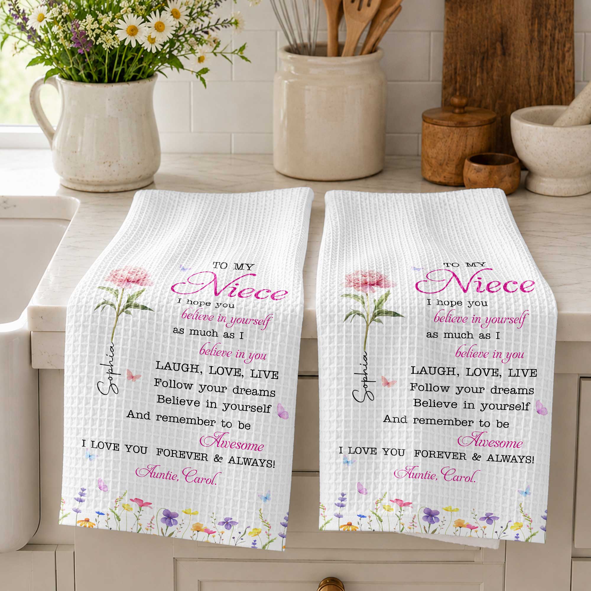 Personalized Kitchen Towel Custom Birth Flower Gift for Niece Kitchen Towel GradoCreations