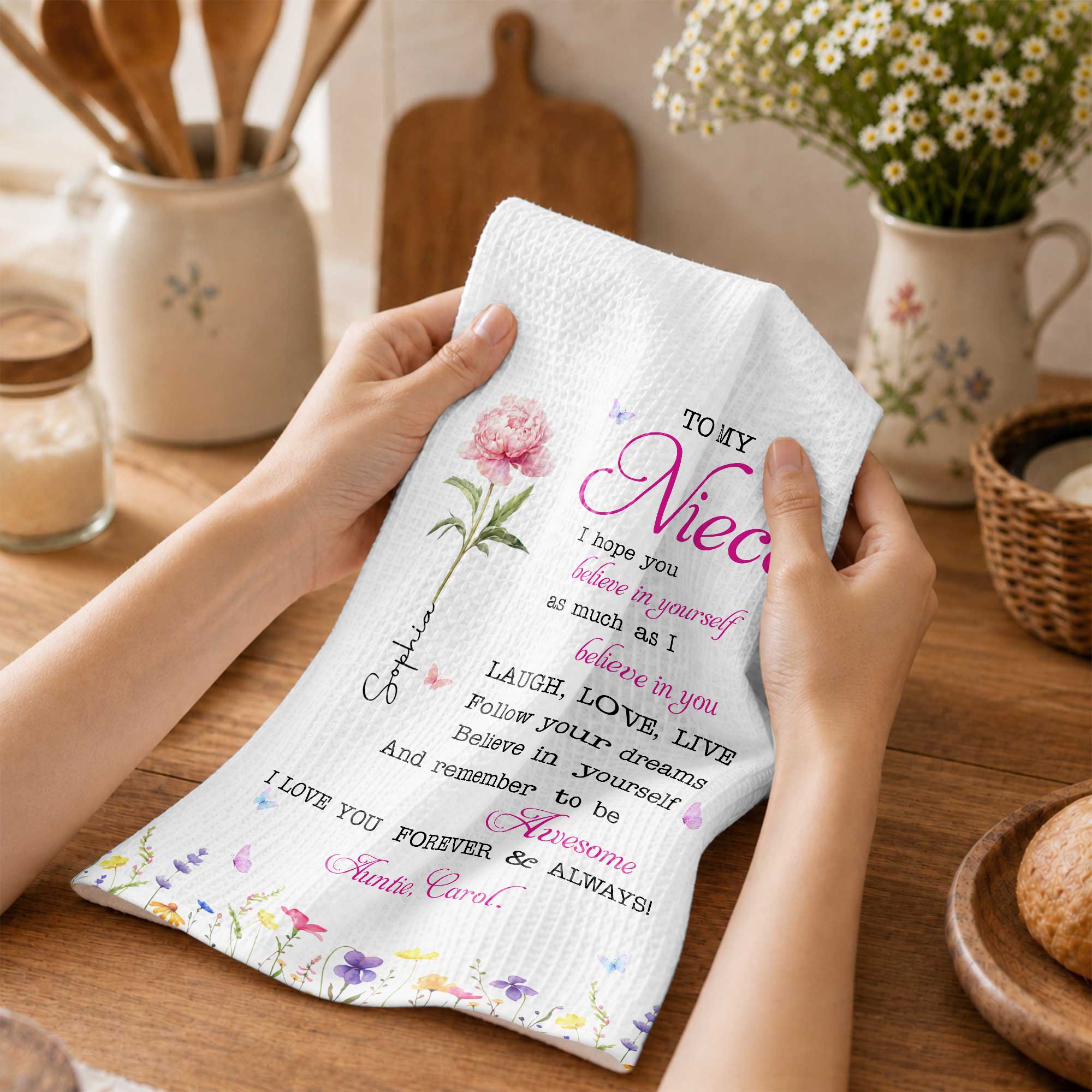 Personalized Kitchen Towel Custom Birth Flower Gift for Niece Kitchen Towel GradoCreations