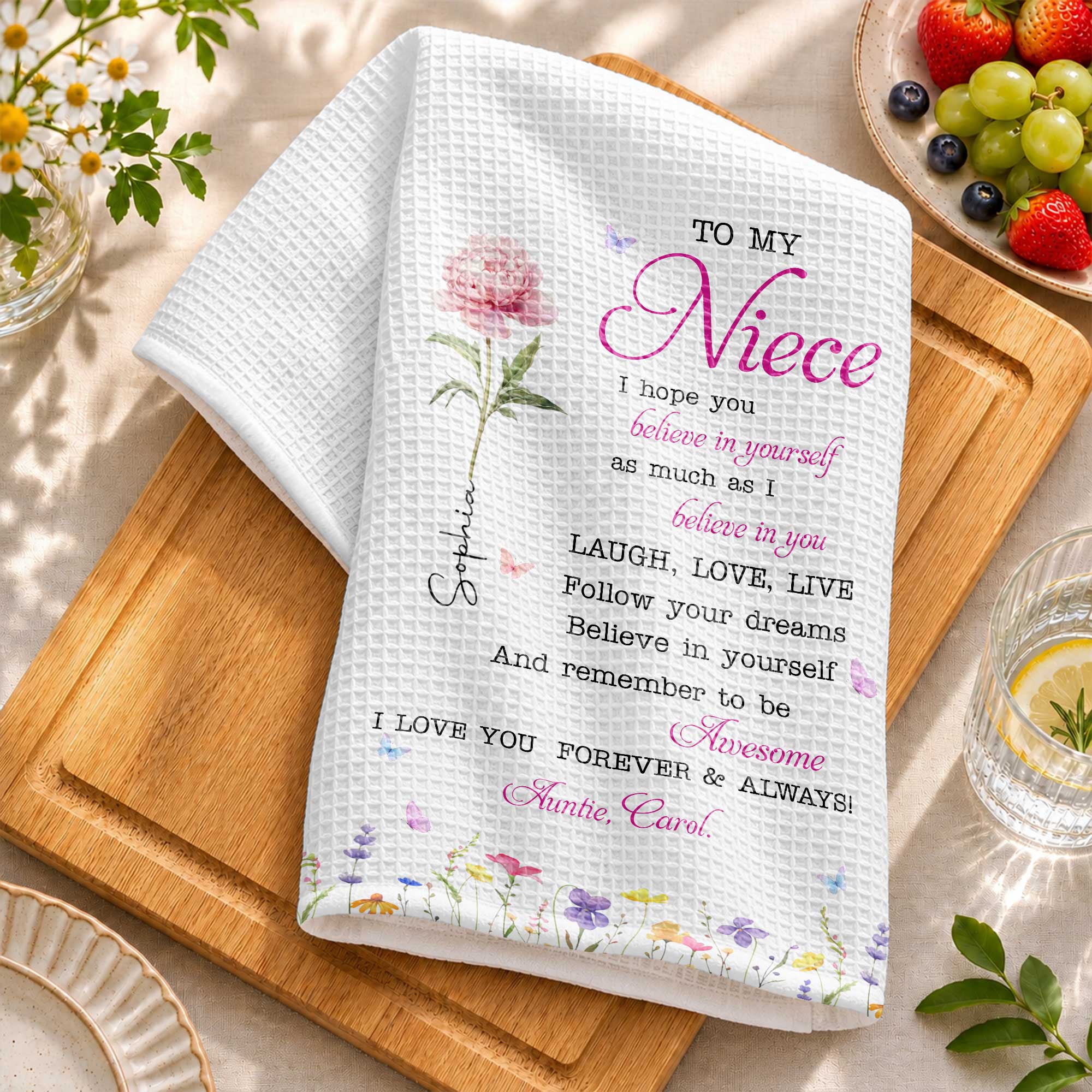 Personalized Kitchen Towel Custom Birth Flower Gift for Niece Kitchen Towel GradoCreations