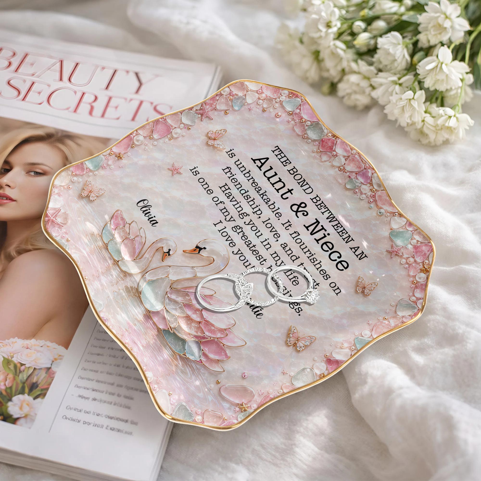 Personalized Ceramic Lace Jewelry Dish Custom Name Gift for Niece Lace Square Jewelry Dish GradoCreations