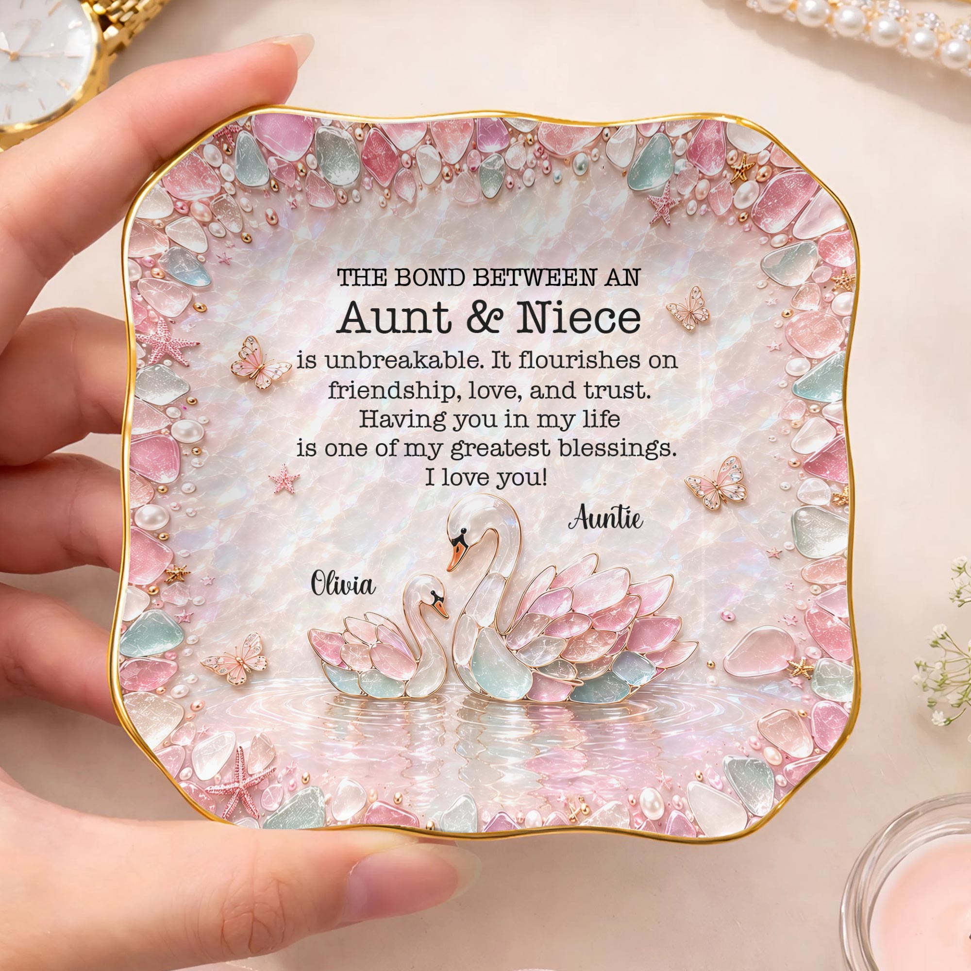 Personalized Ceramic Lace Jewelry Dish Custom Name Gift for Niece Lace Square Jewelry Dish GradoCreations