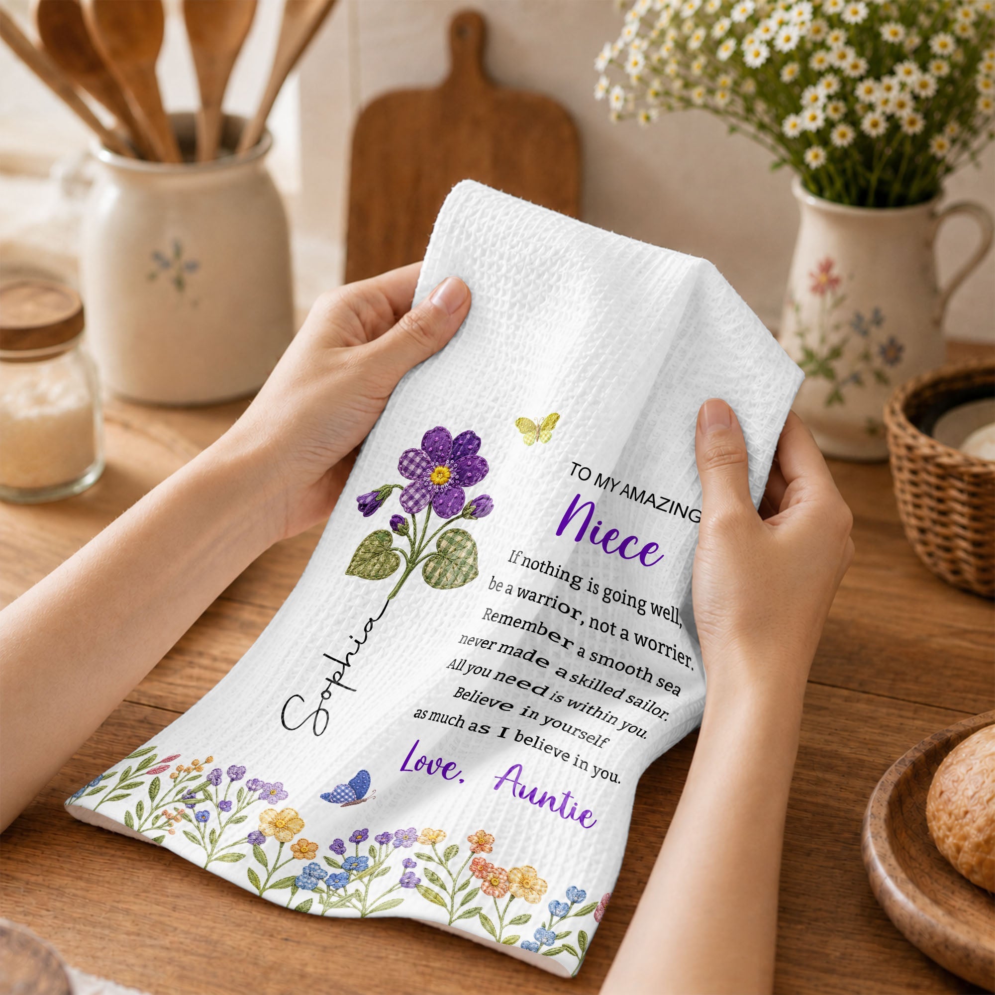 Personalized Kitchen Towel Custom Gift for Niece with Flowers Kitchen Towel GradoCreations