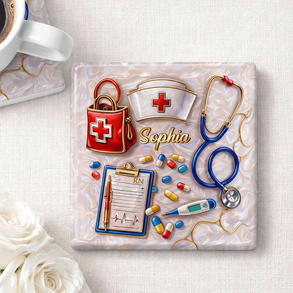 Personalized RN Medical Tools Coaster Custom Name Gift for Nurses Square Ceramic Coaster GradoCreations